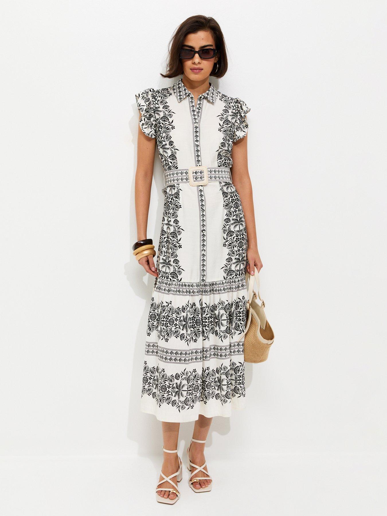 Image 3 of 5 of New Look Floral Border Print Buckle Detail Shirt Dress - Cream