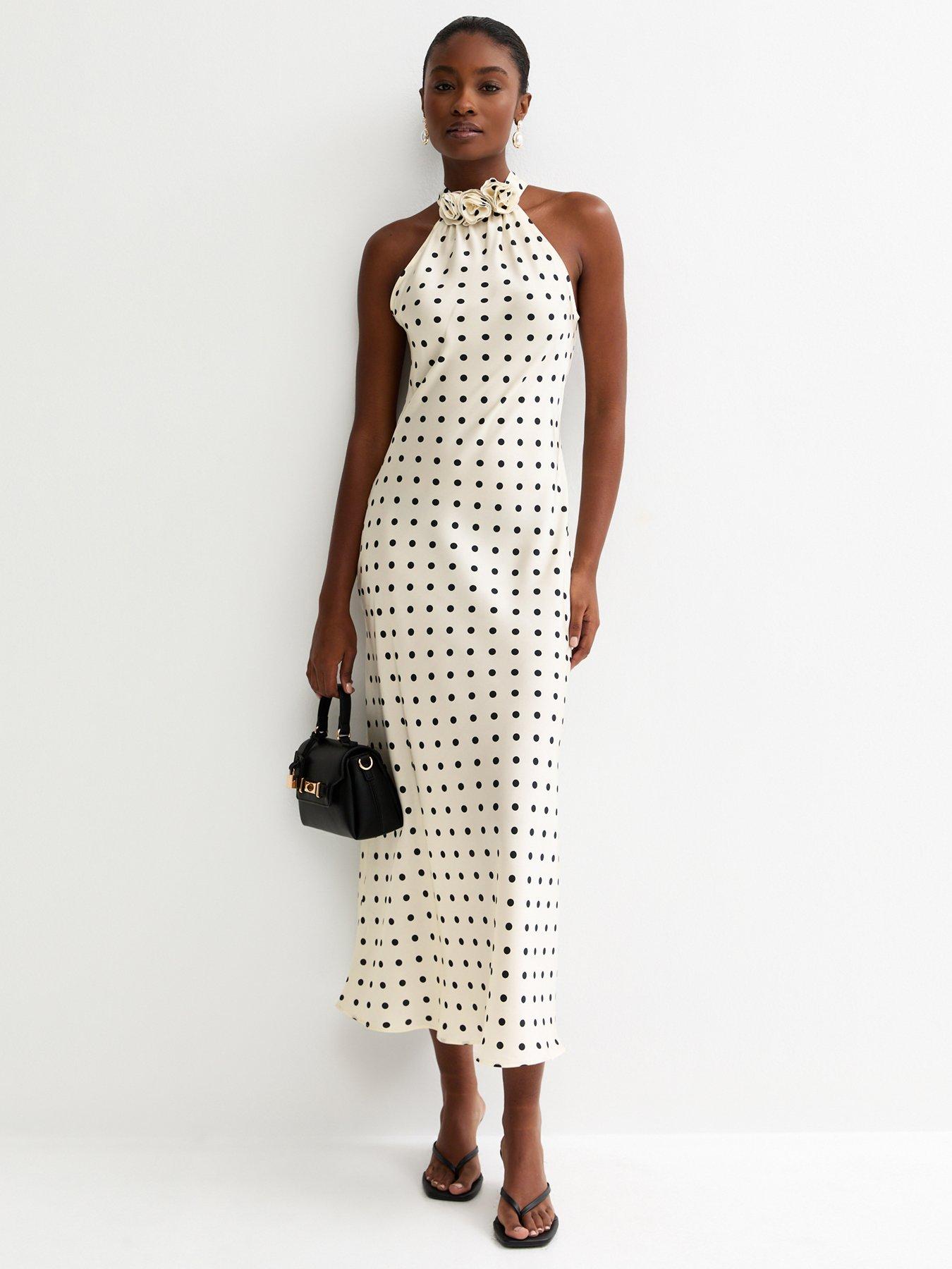 New Look Cream Satin Polka Dot Floral Appliqued Halter Neck Midi Dress