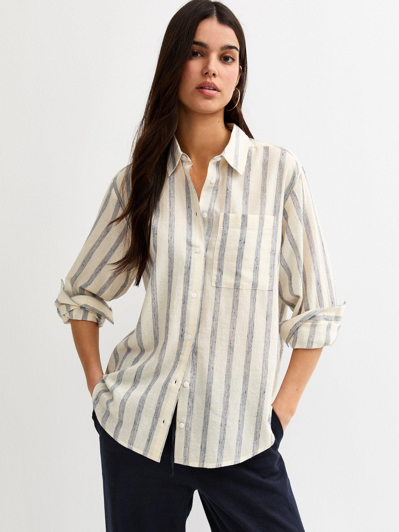 New Look Cream And Striped Long Sleeve Shirt - Blue