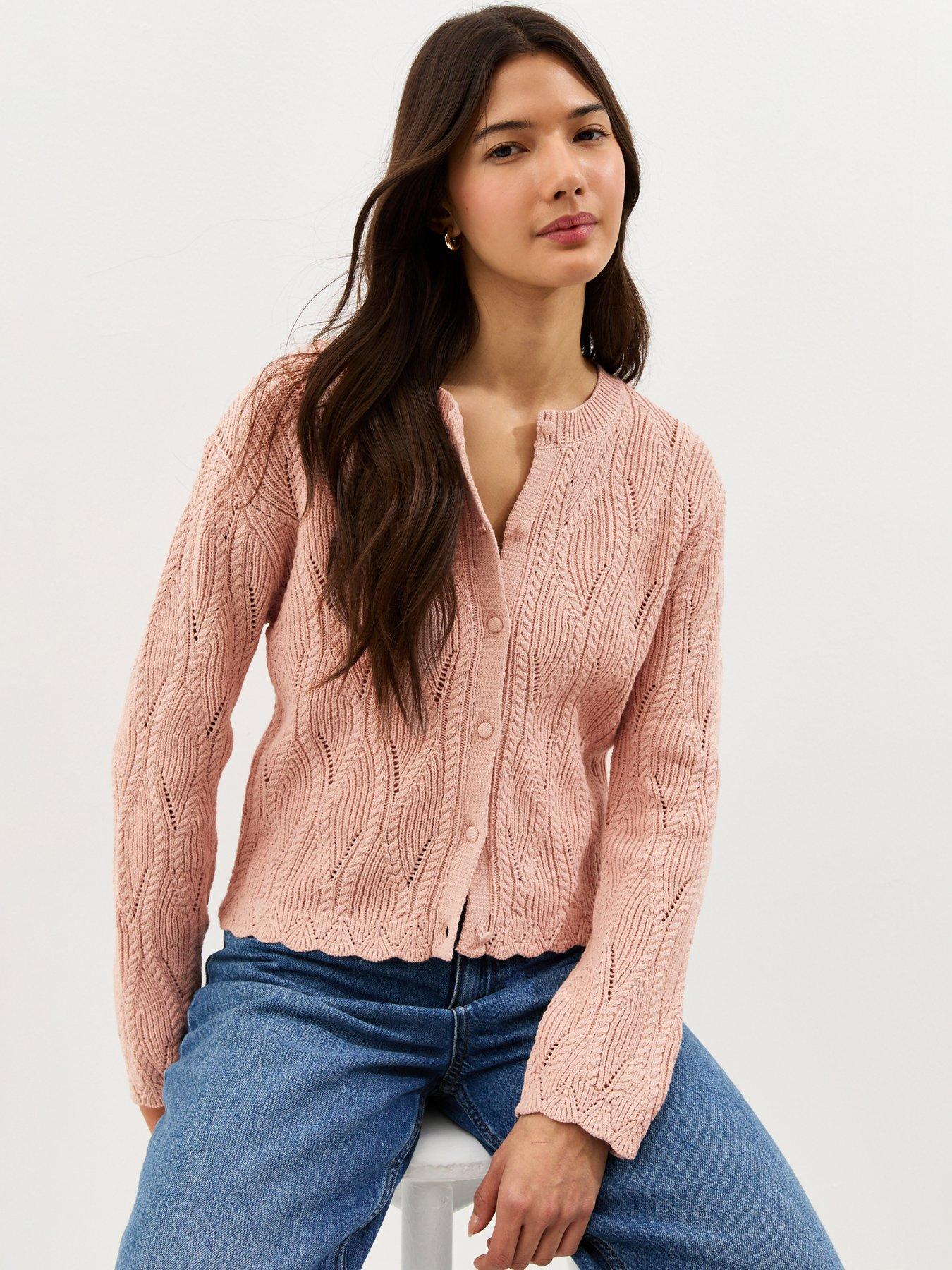 New Look Cotton Rich Ladder Stitch Scallop Trim Knitted Cardigan - Pink