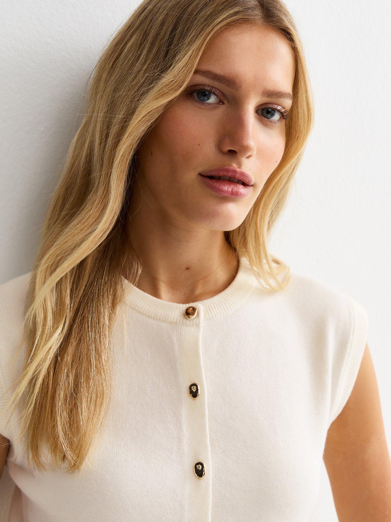  image of new-look-knit-abstract-button-waistcoat-cream