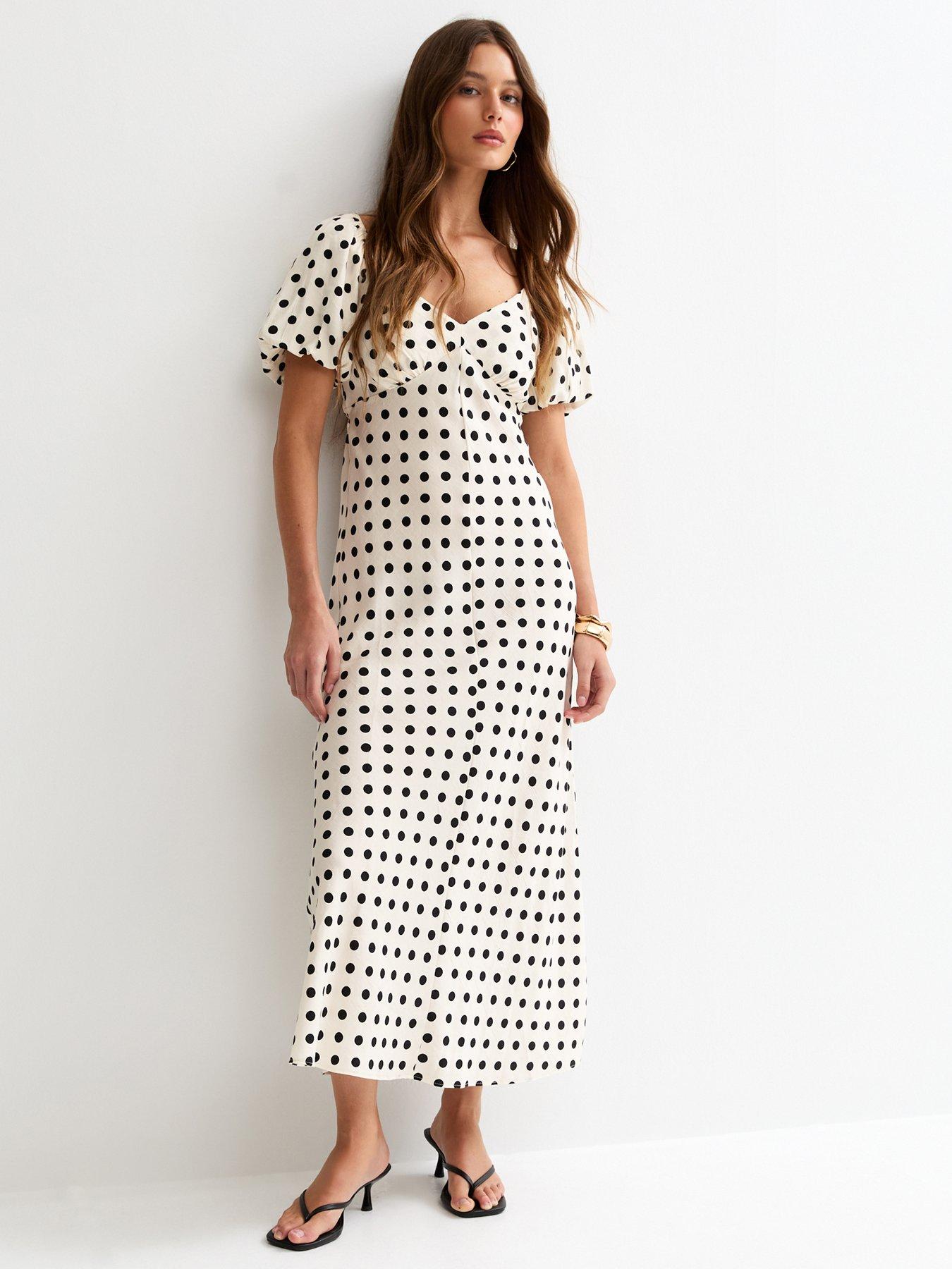 New Look Polka Dot Puff Sleeve Midi Dress - Cream | Littlewoods