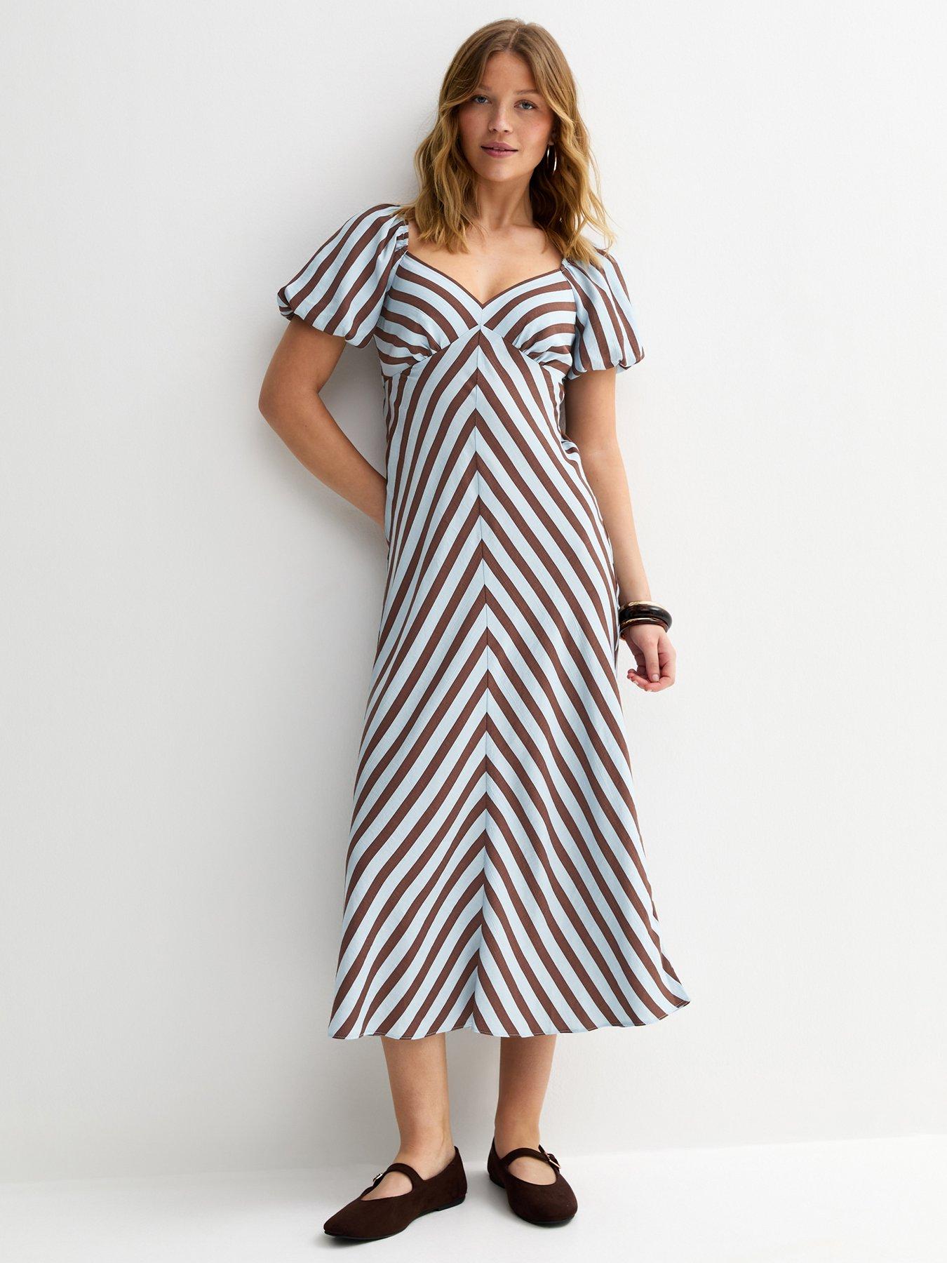 New Look Contrast Stripe Puff Sleeve Midi Dress - Blue/Brown