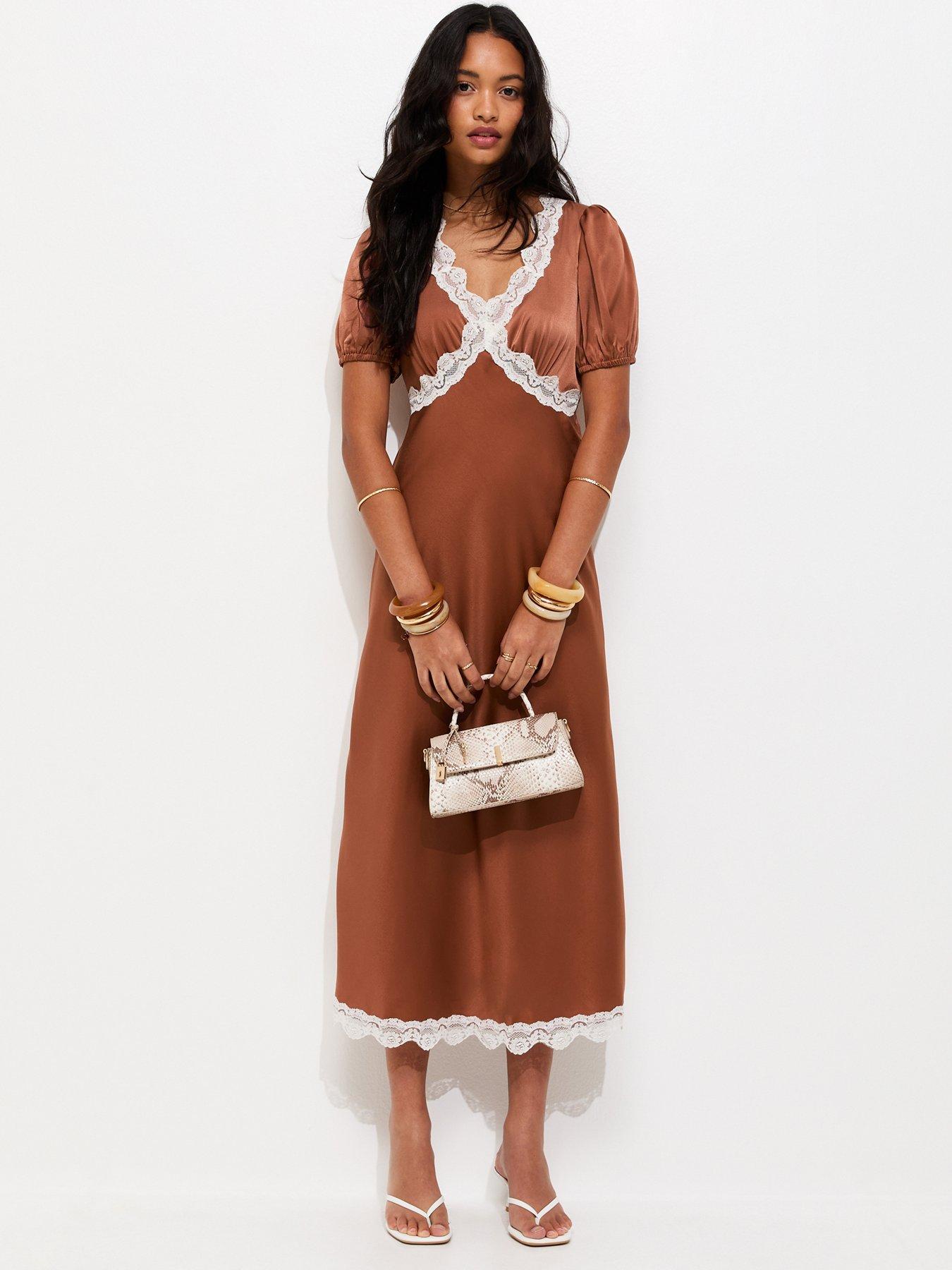 New Look Lace Trim Satin Tea Midi Dress - Brown