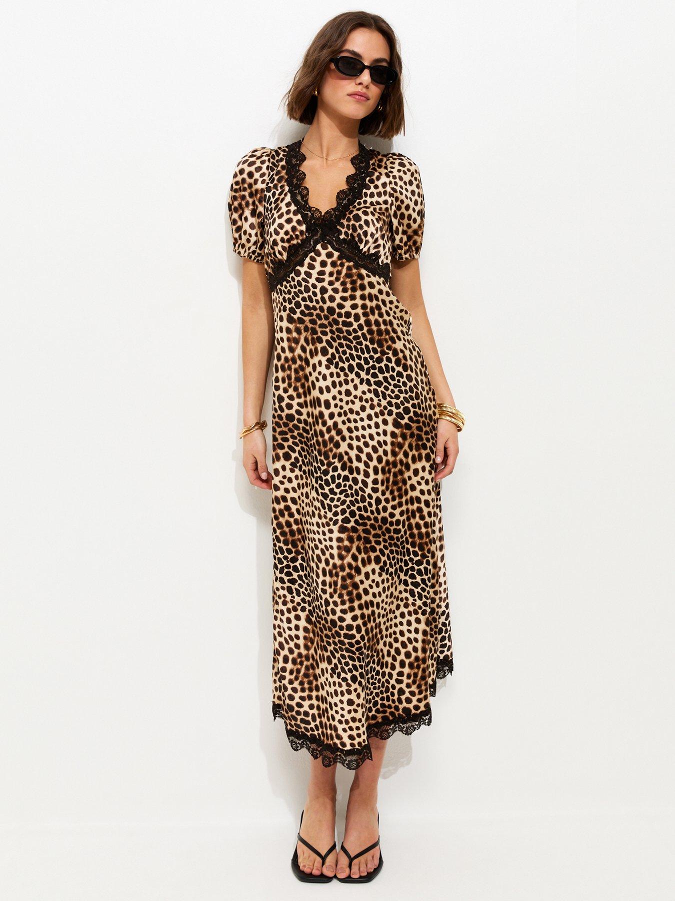 New Look Satin Leopard Print Tea Midi Dress - Brown | Littlewoods