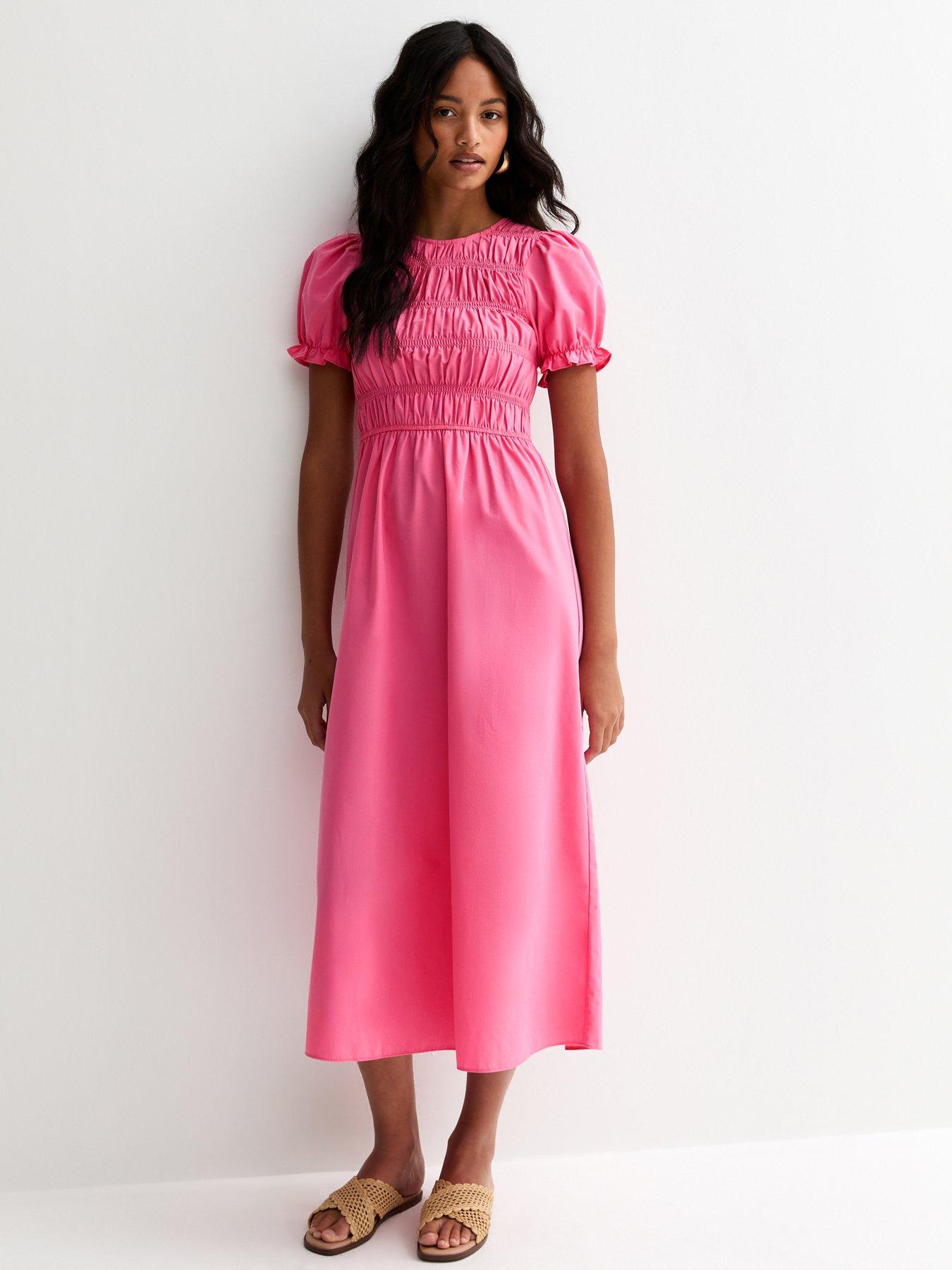New Look Shirred Poplin Midi Dress - Bright Pink