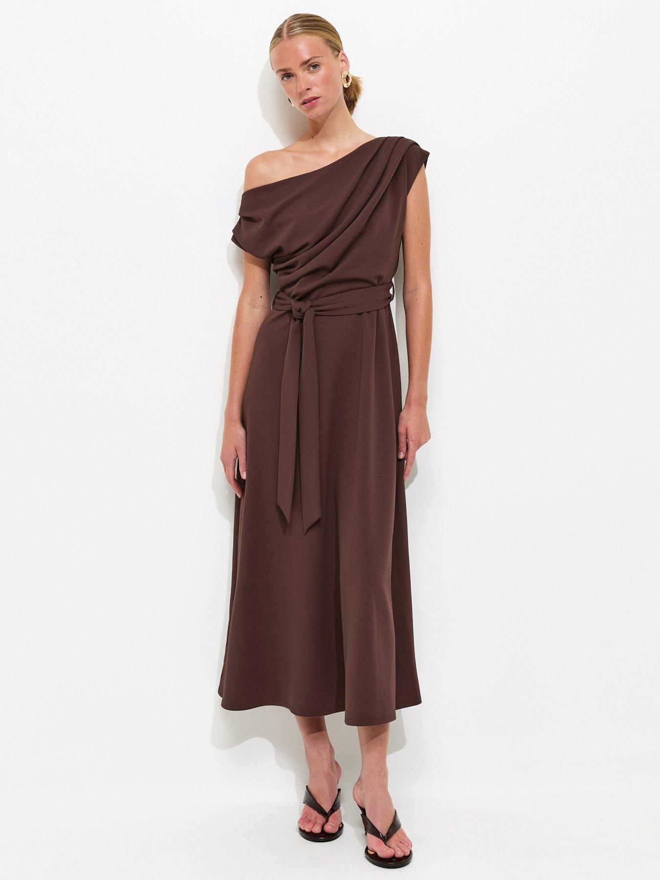 New Look Fallen Shoulder Tie Waist Midi Dress - Dark Brown