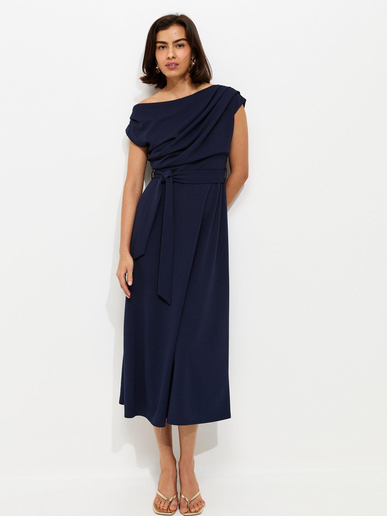 New Look Navy Fallen Shoulder Tie Waist Midi Dress - Blue