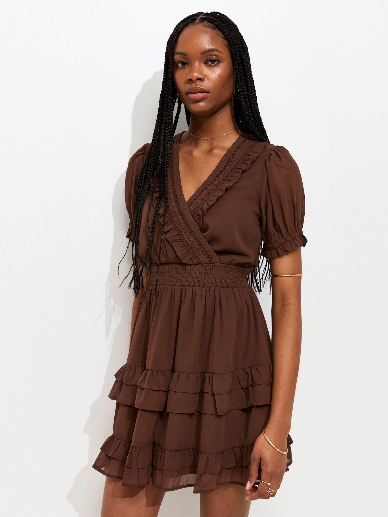 New Look Brown Ruffle Trim V-neck Short Sleeve Mini Dress