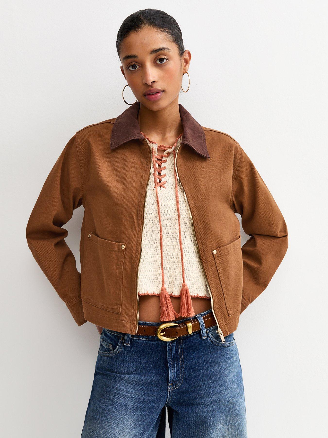 New Look Dark Brown Contrast Collar Barn Jacket