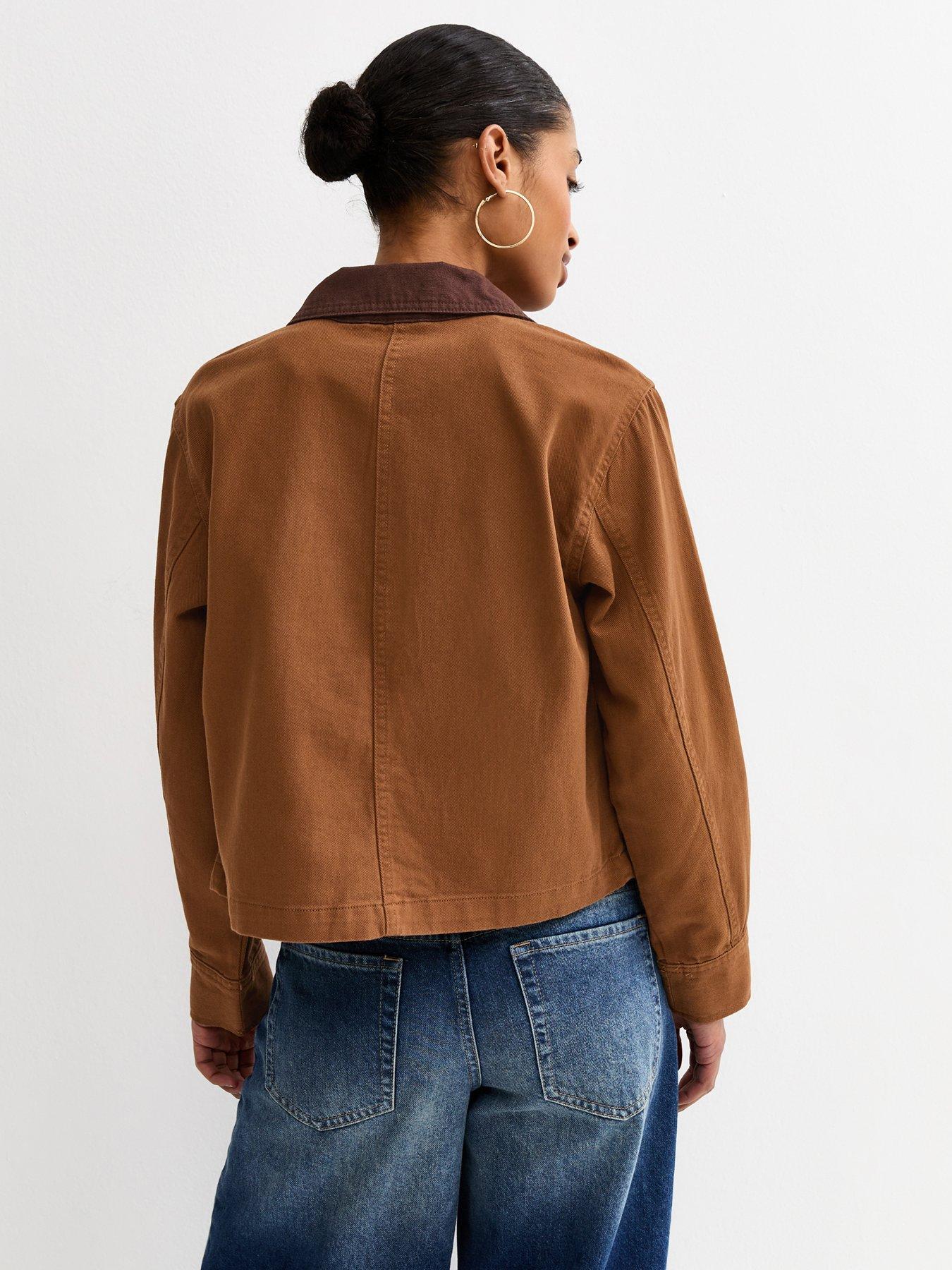 Image 2 of 5 of New Look Dark Brown Contrast Collar Barn Jacket