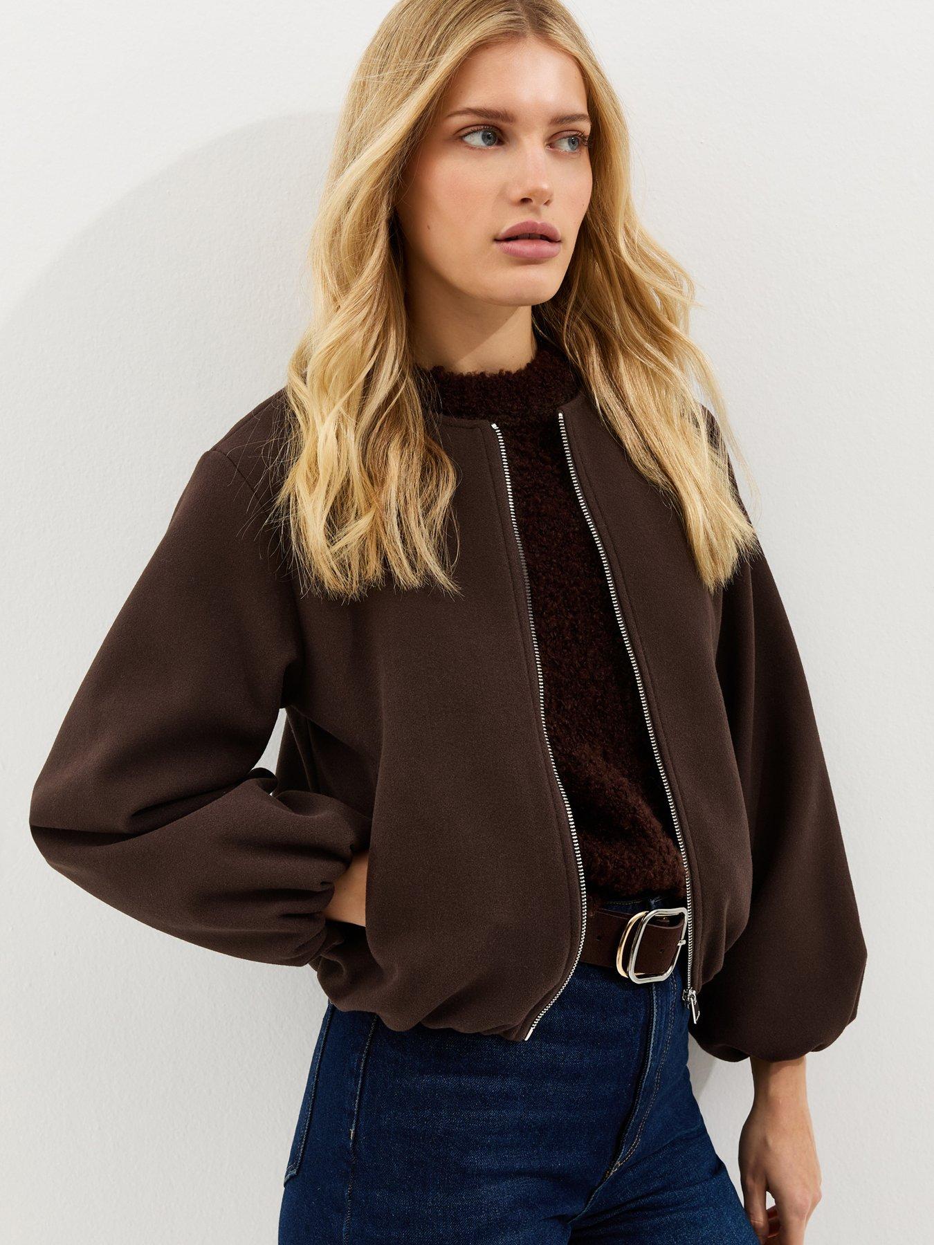Image 1 of 5 of New Look Collarless Zip Through Bomber Jacket - Brown