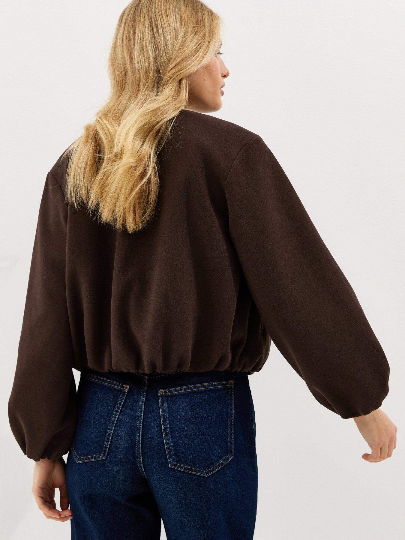 Image 2 of 5 of New Look Collarless Zip Through Bomber Jacket - Brown