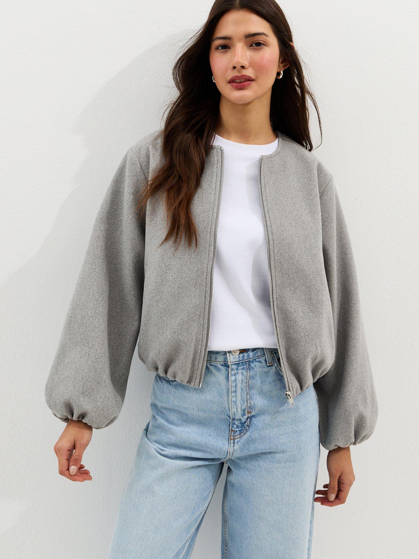 Image 1 of 5 of New Look Collarless Zip Through Bomber Jacket - Grey