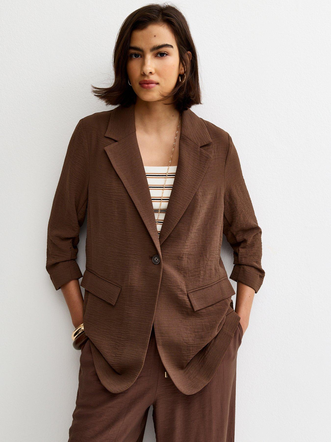 New Look Ruched Sleeve Blazer - Dark Brown