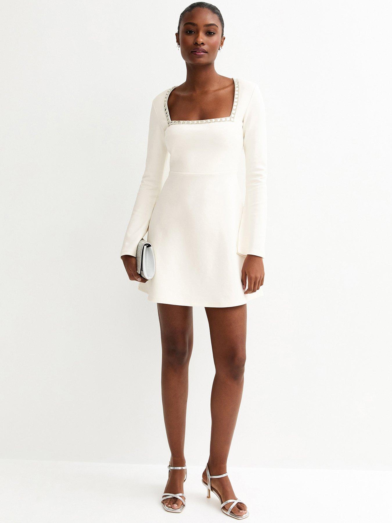 New Look Diamante Square Neck Mini Dress - White
