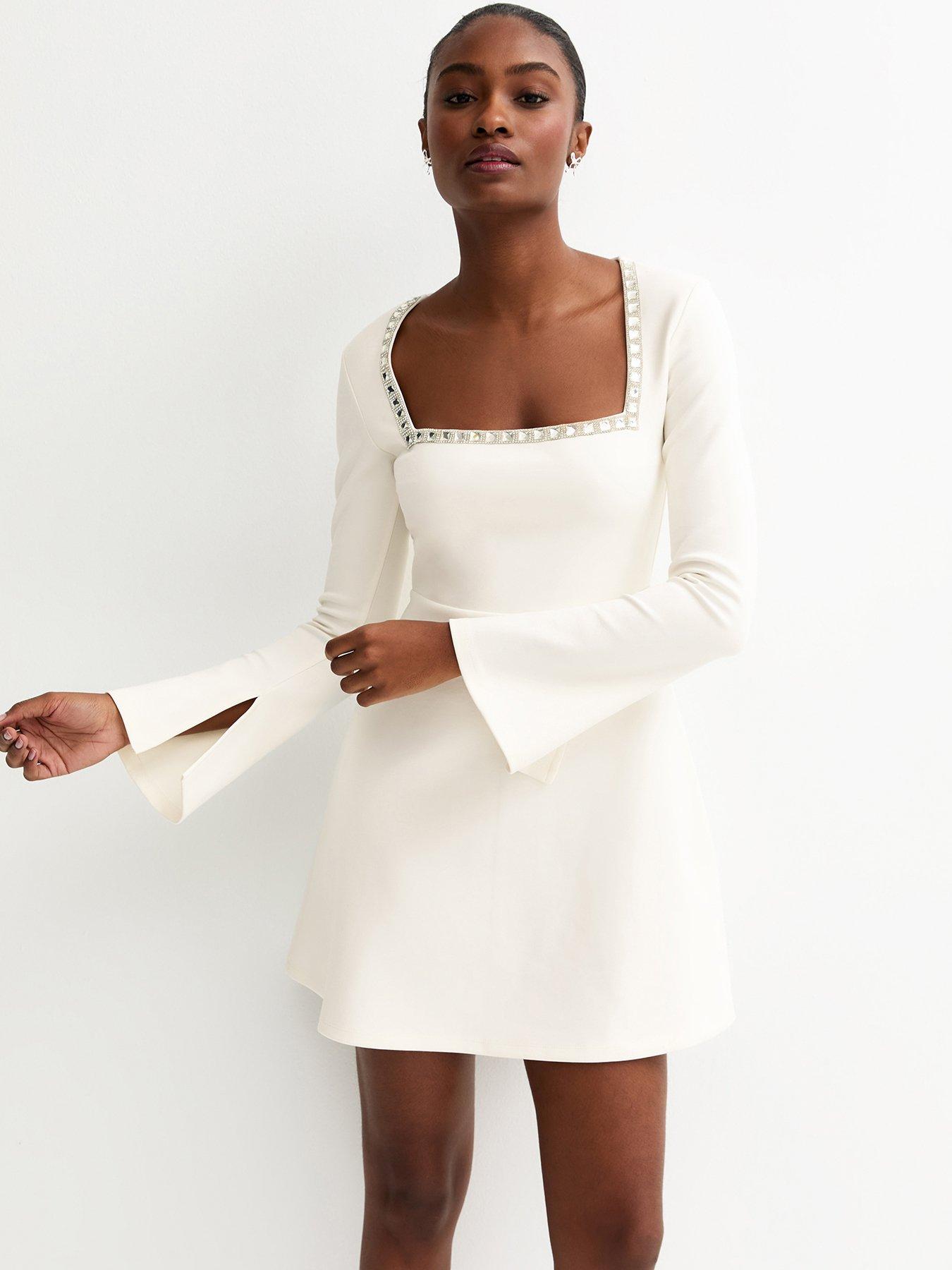 New Look Diamante Square Neck Mini Dress - White | Littlewoods