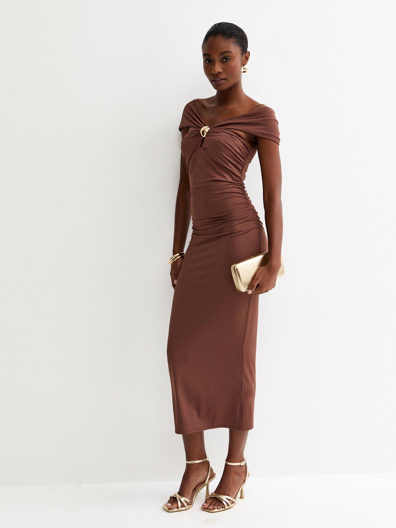 New Look Brown Off The Shoulder Embellishment Detail Midi Dress