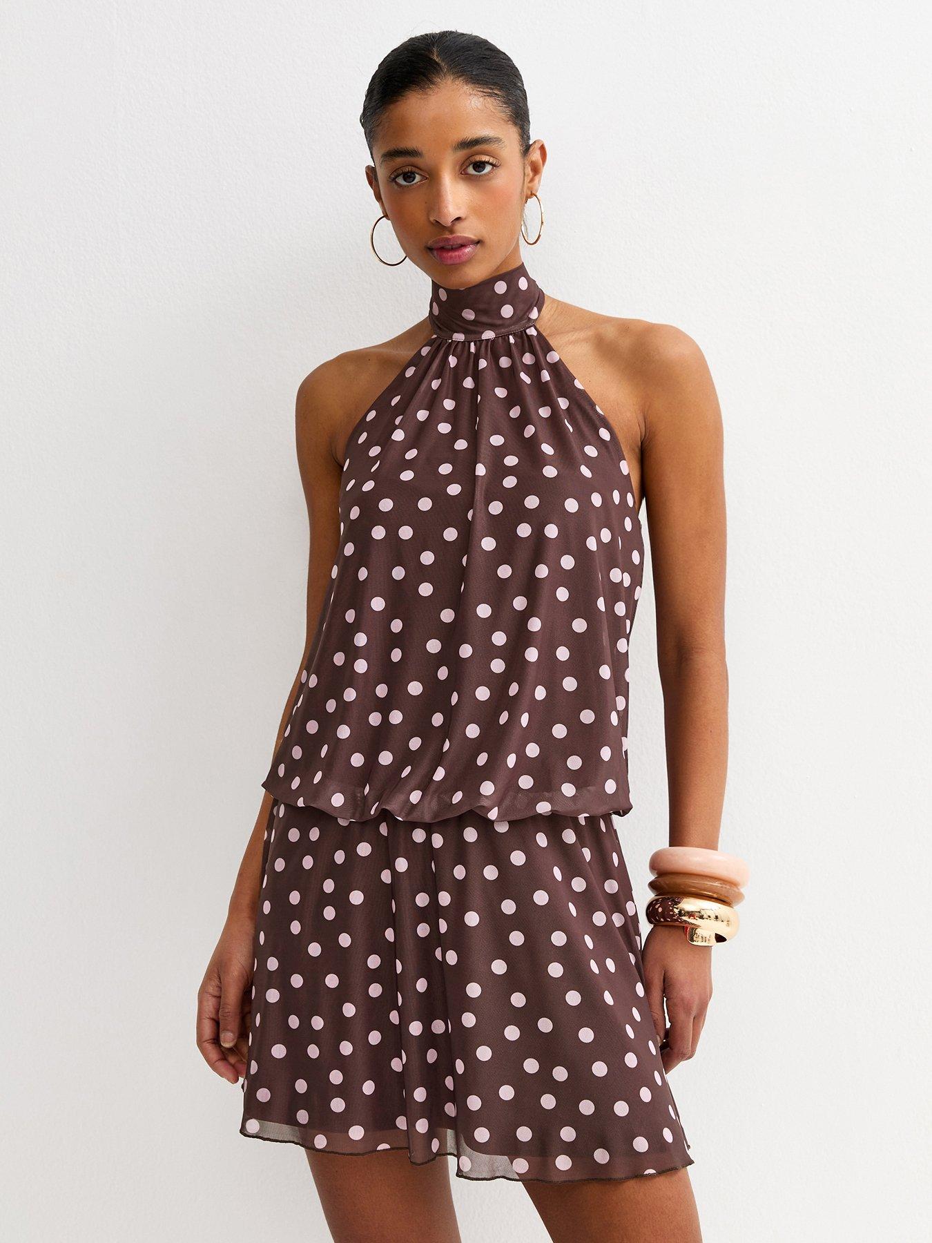 new-look-polka-dot-scarf-trim-halter-neck-mini-dress-brown