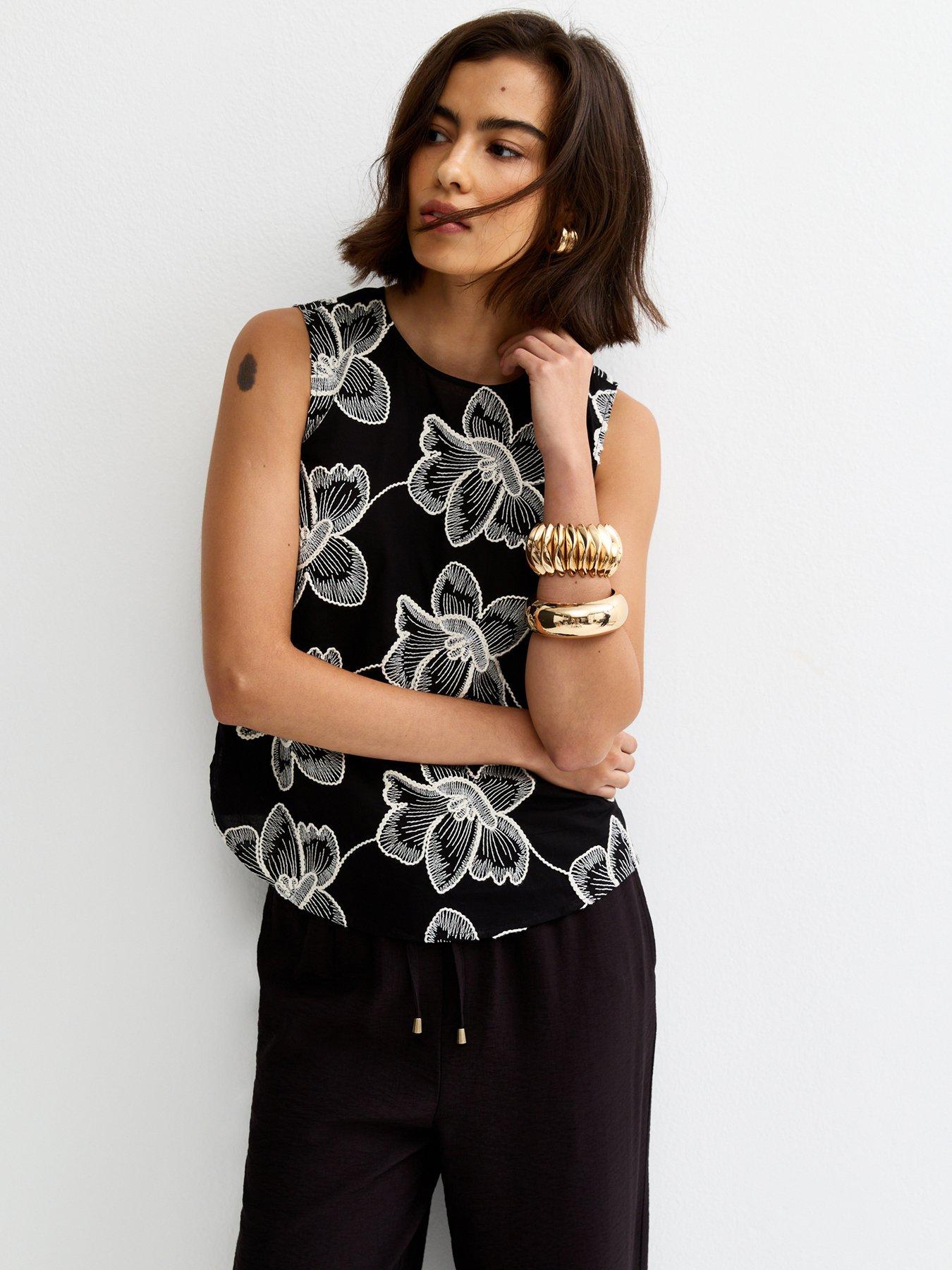 New Look Black Embroidered Floral Curved Hem Co-ord Top