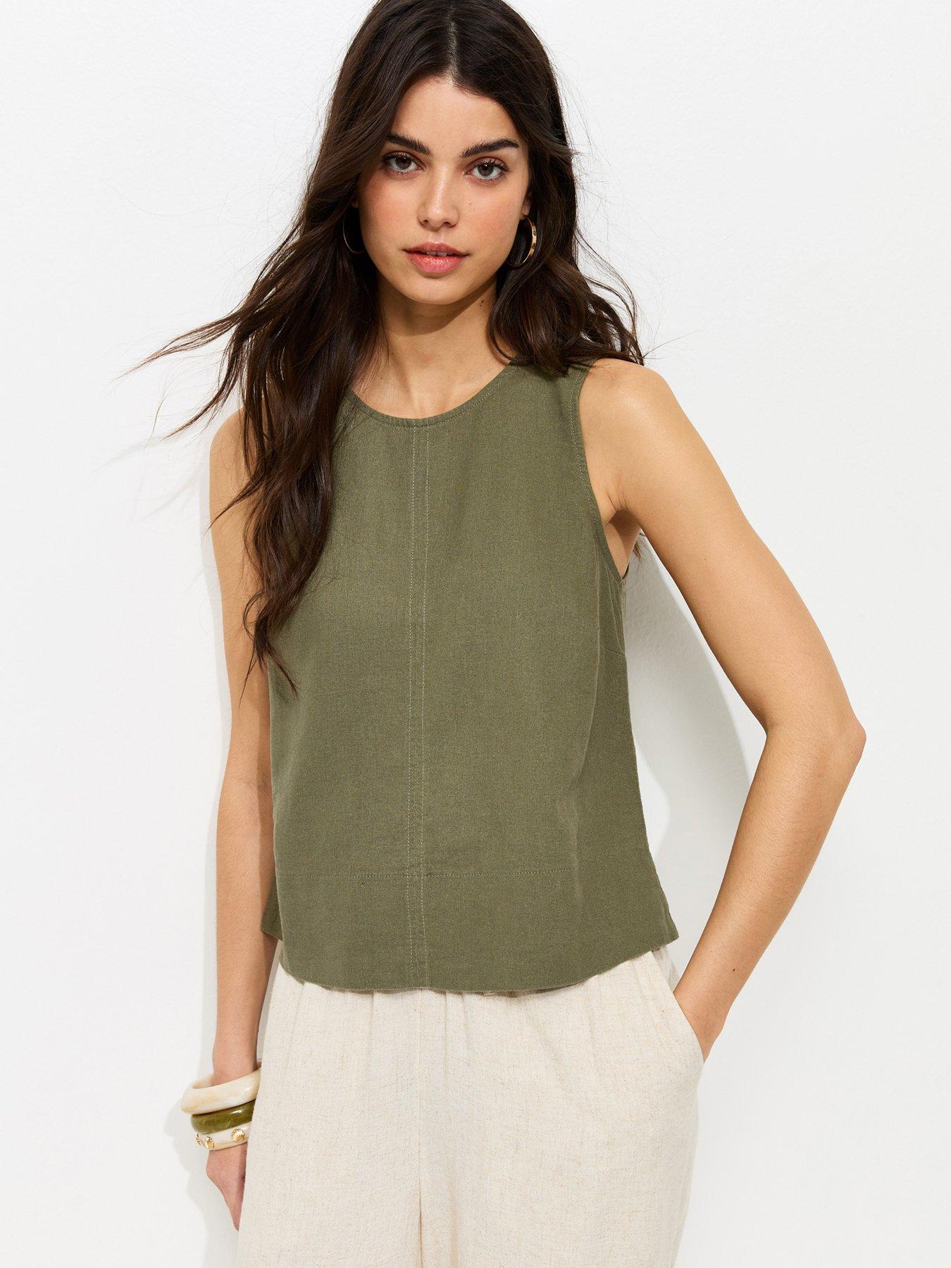 New Look Dark Khaki Linen Blend Sleeveless Top - Green