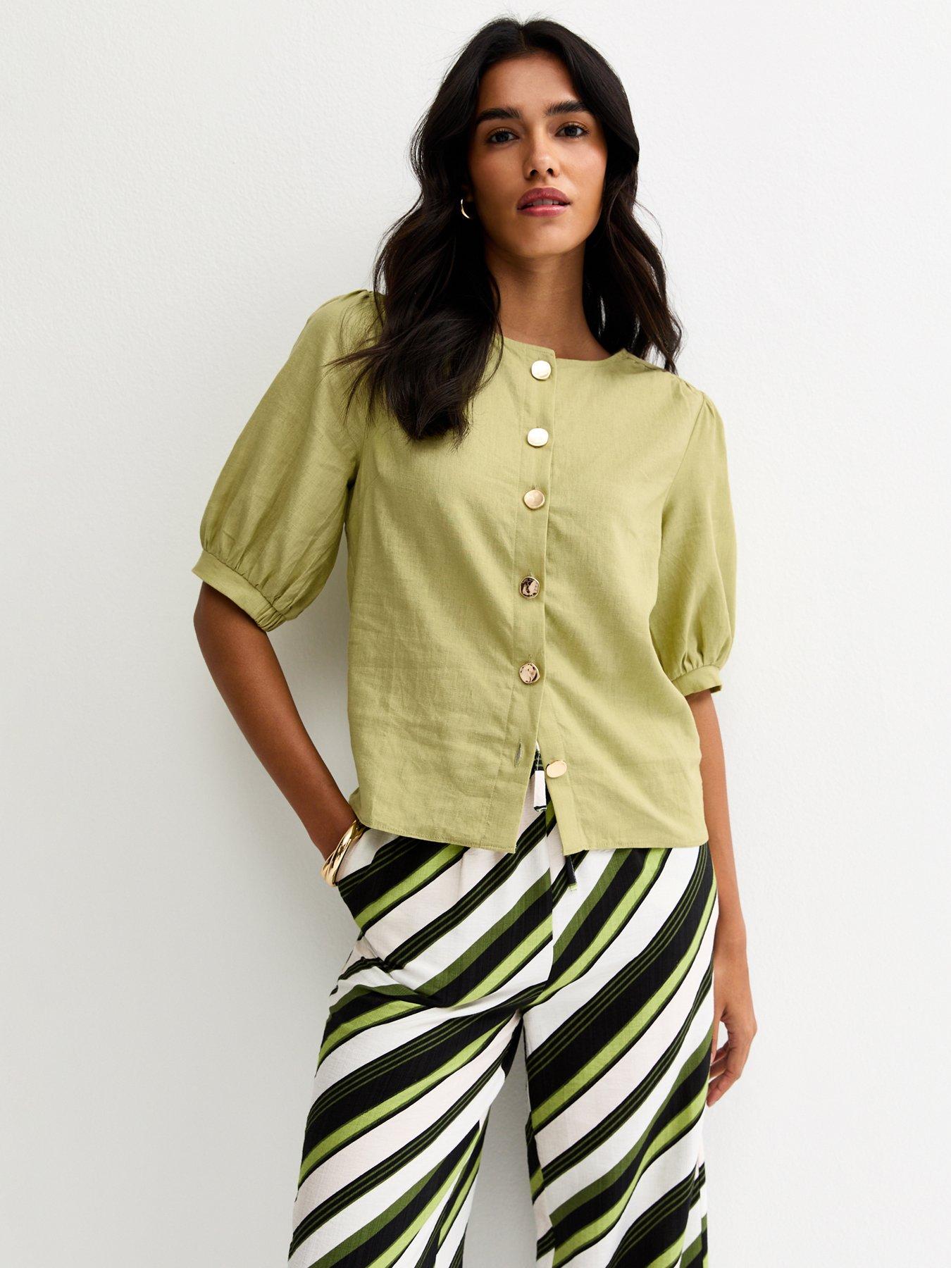 New Look Linen Blend Gold Tone Textured Button Blouse - Green