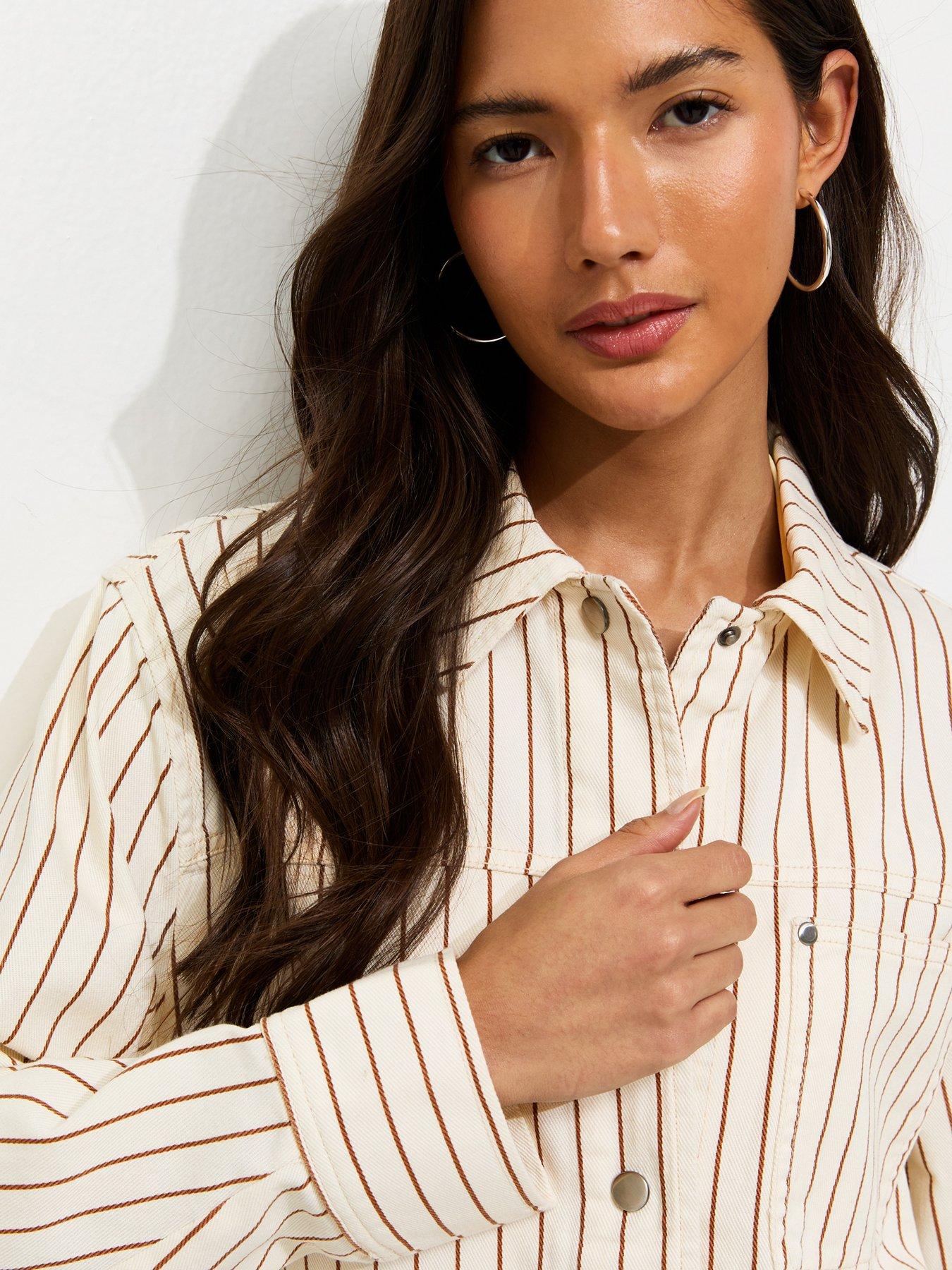 Image 4 of 5 of New Look Stripe Longline Cotton Shacket - Cream