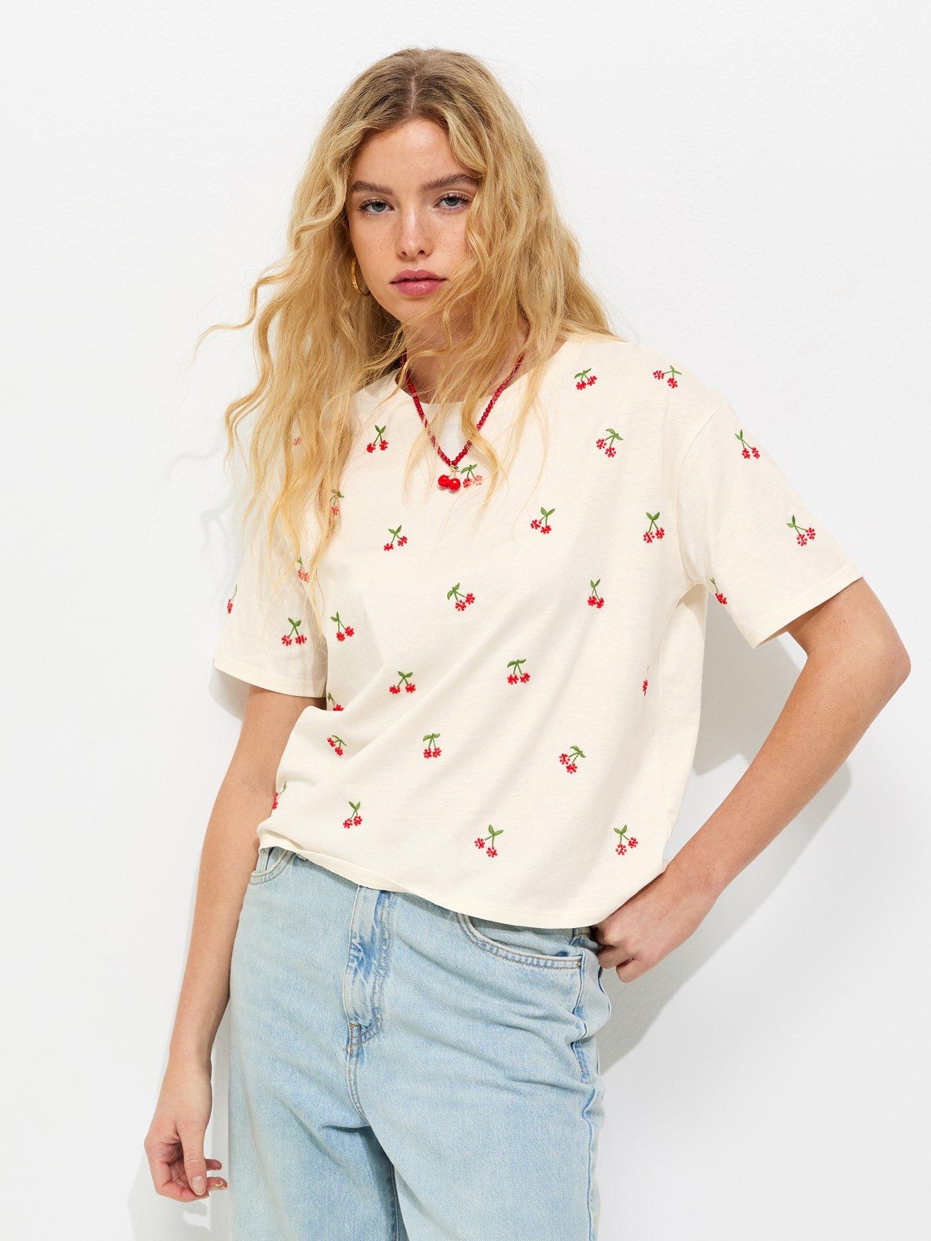  image of new-look-boxy-beaded-cherry-t-shirt-white