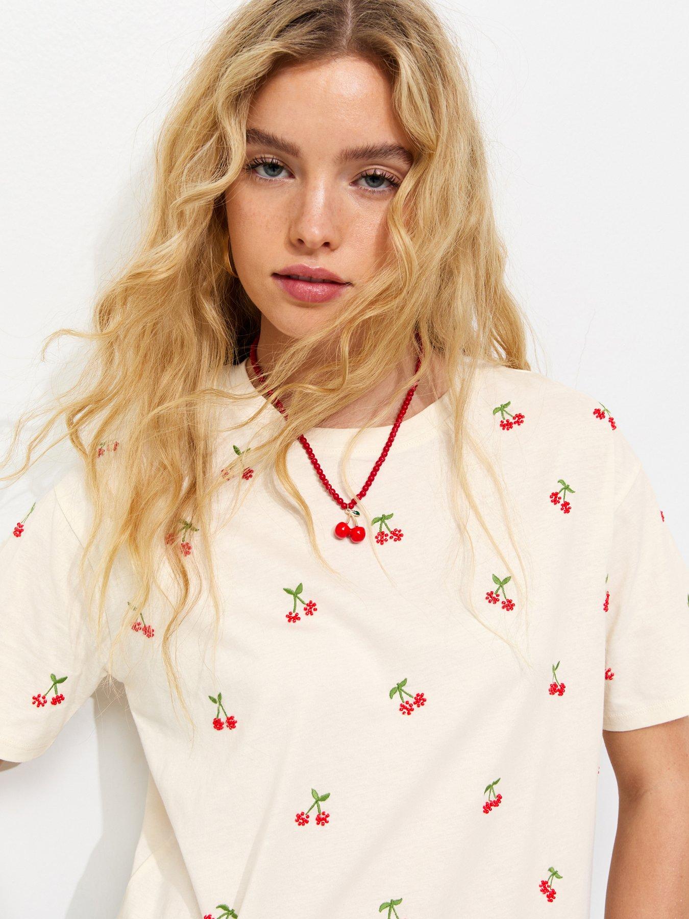  image of new-look-boxy-beaded-cherry-t-shirt-white