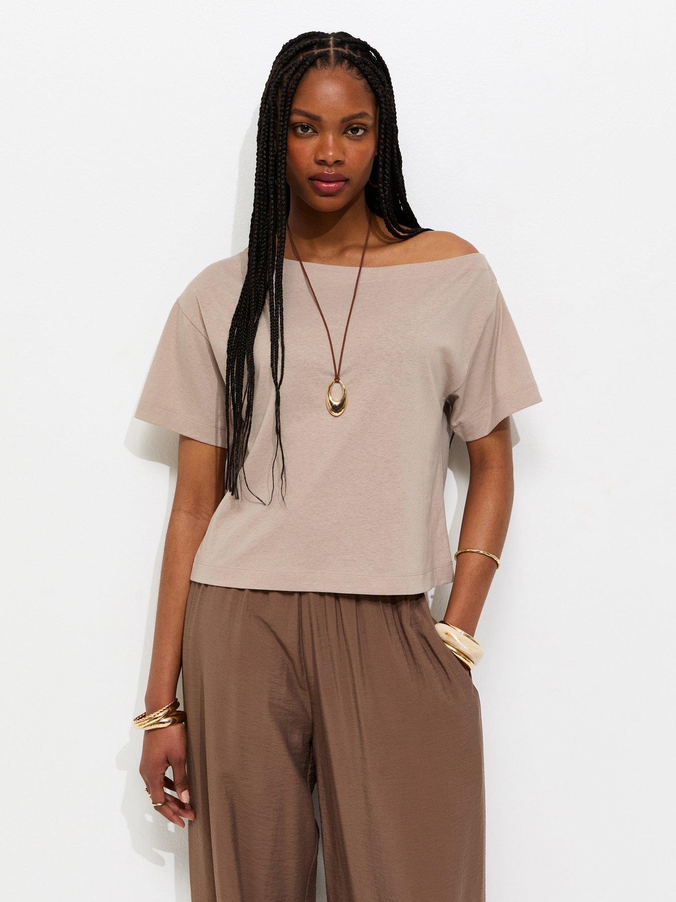 Image 1 of 5 of New Look Mink Textured Off The Shoulder T-Shirt - Brown