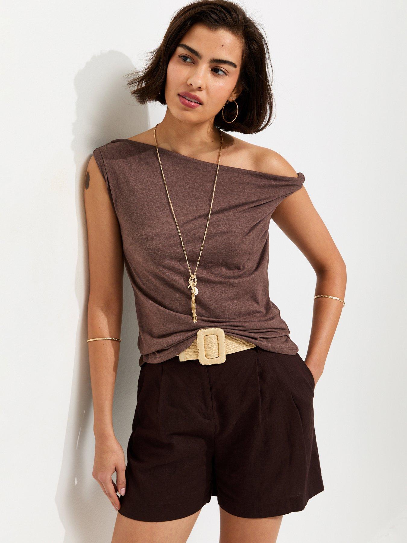 New Look Textured Twist Shoulder Top - Brown