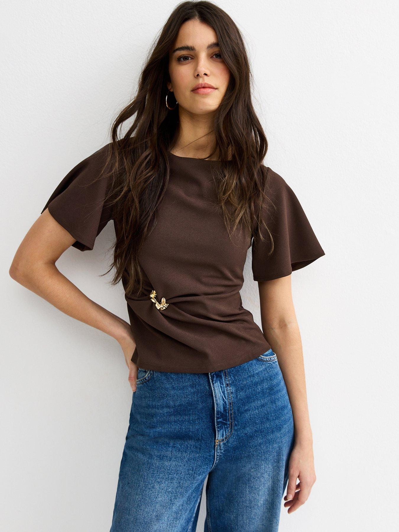 Image 1 of 5 of New Look Dark Brown Gathered Waist Corset T-shirt