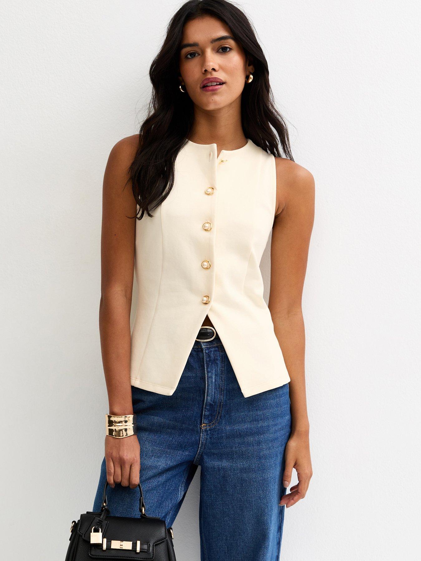  image of new-look-jersey-faux-pearl-button-waistcoat-off-white