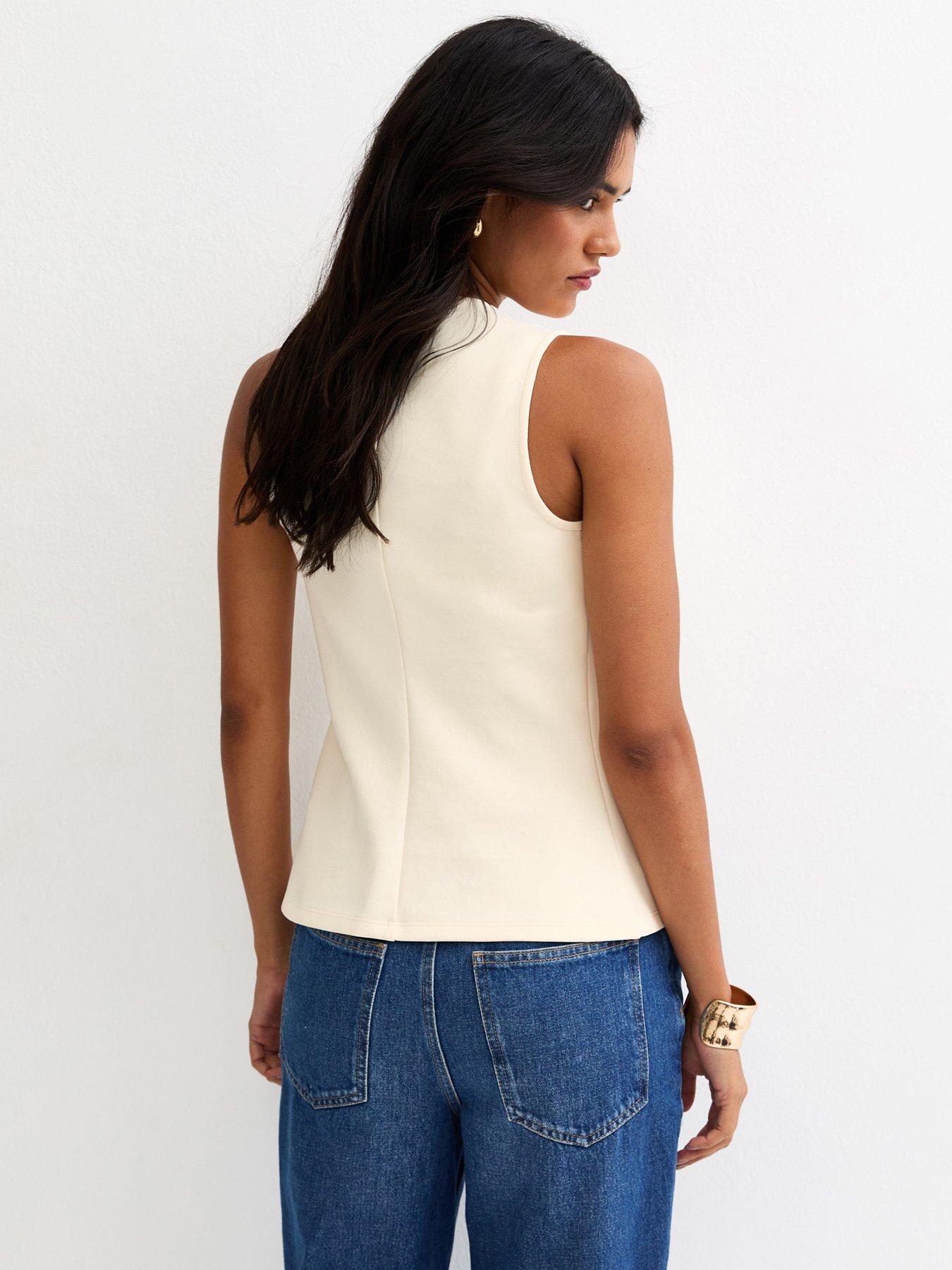  image of new-look-jersey-faux-pearl-button-waistcoat-off-white