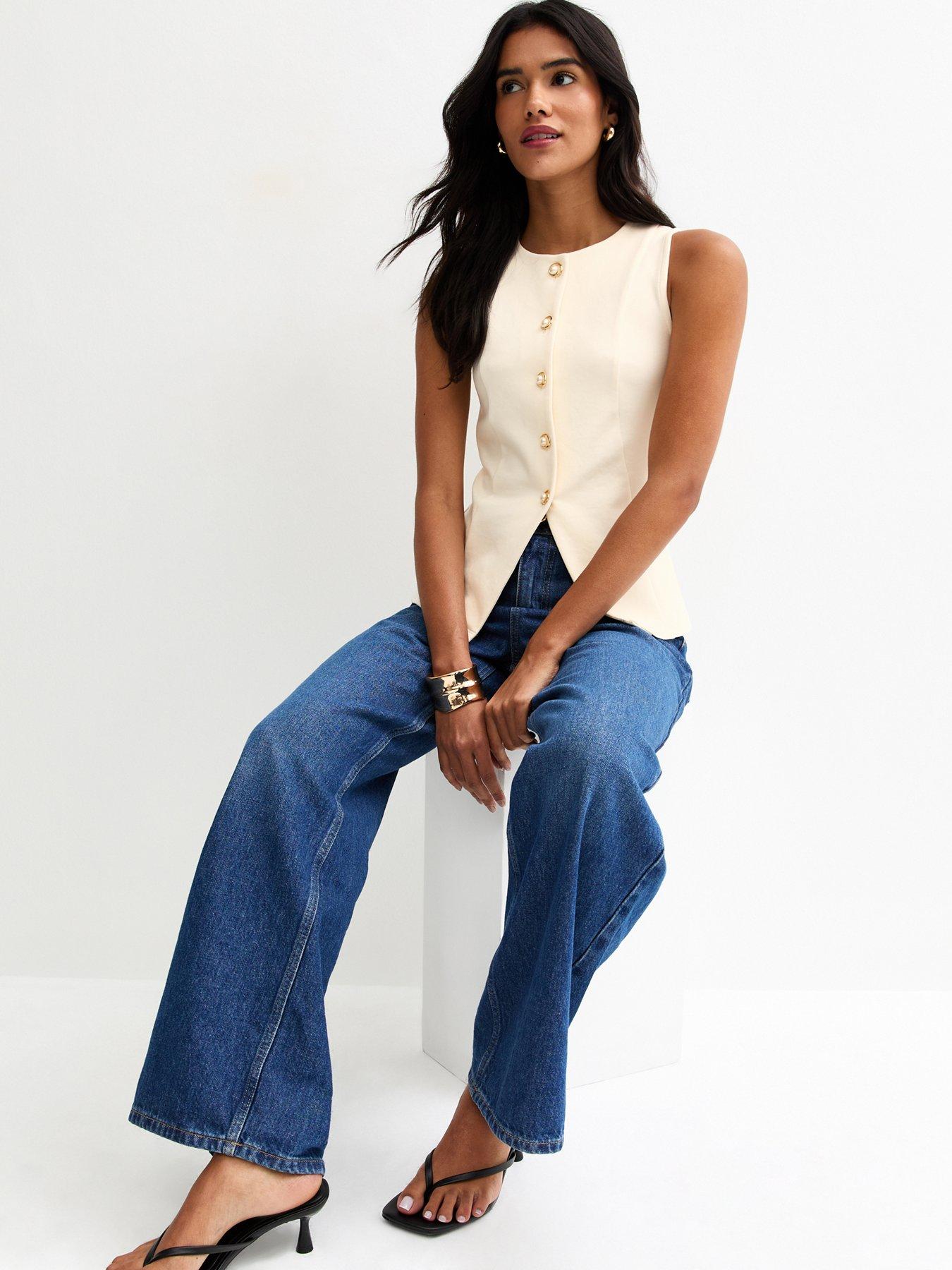  image of new-look-jersey-faux-pearl-button-waistcoat-off-white