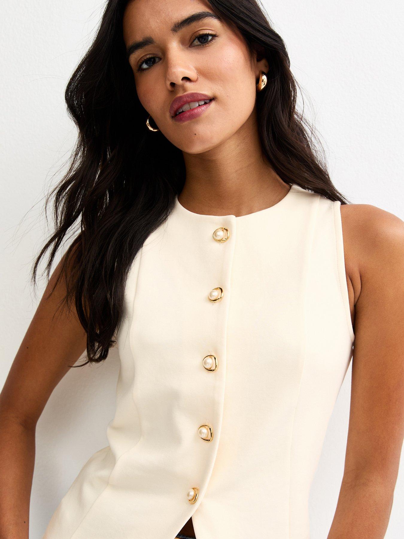  image of new-look-jersey-faux-pearl-button-waistcoat-off-white
