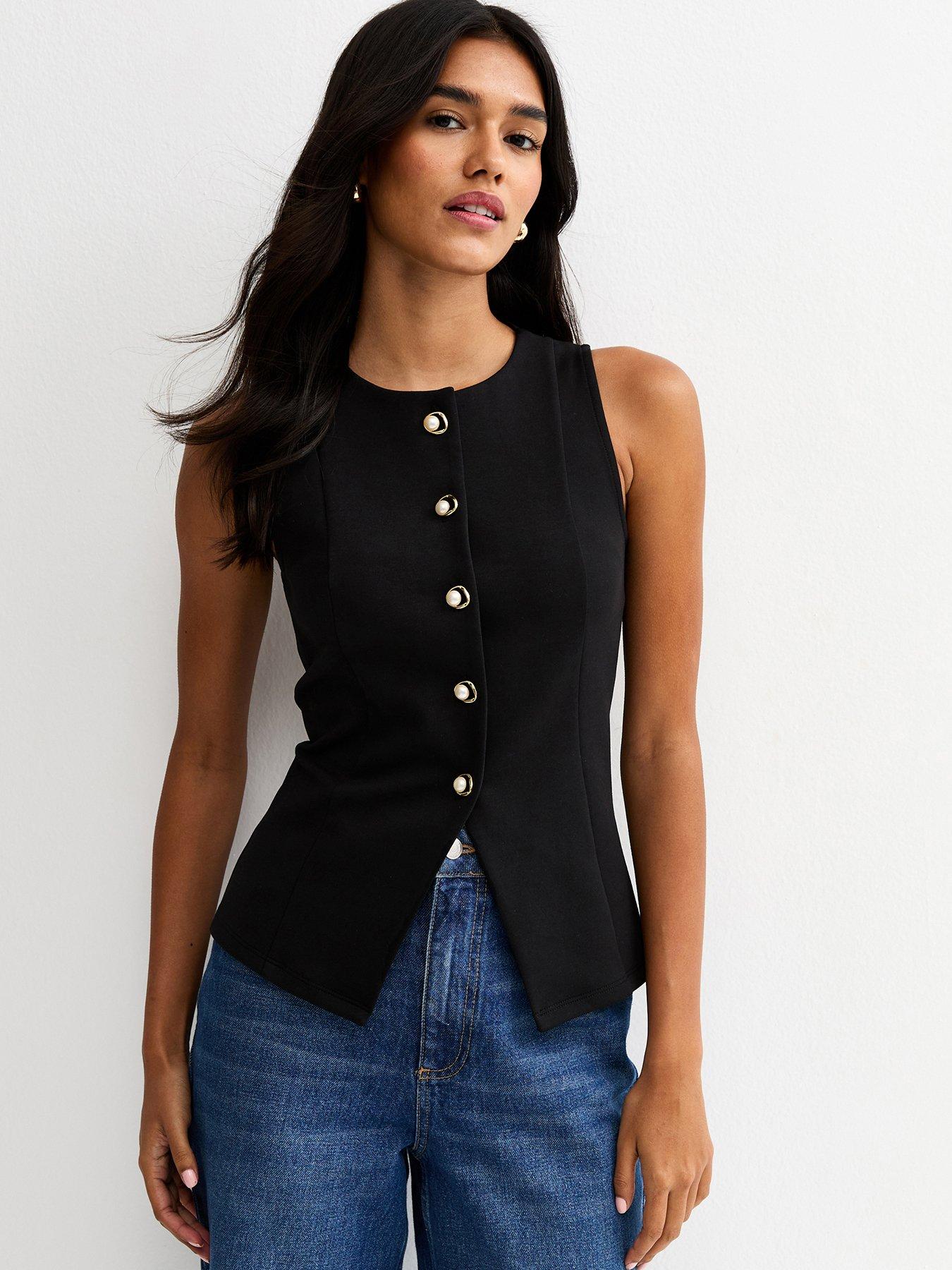  image of new-look-jersey-crew-neck-faux-pearl-button-waistcoat-black