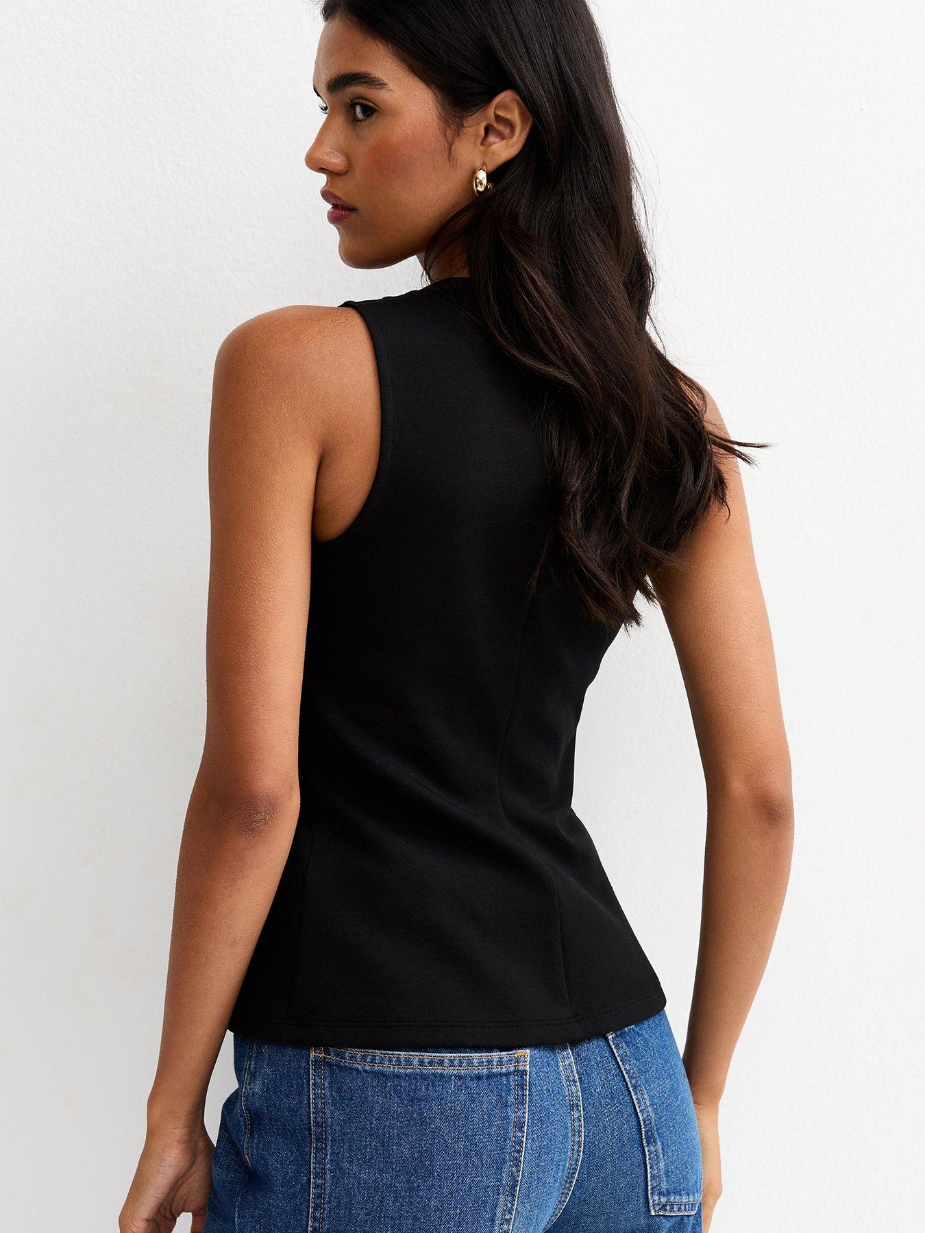  image of new-look-jersey-crew-neck-faux-pearl-button-waistcoat-black