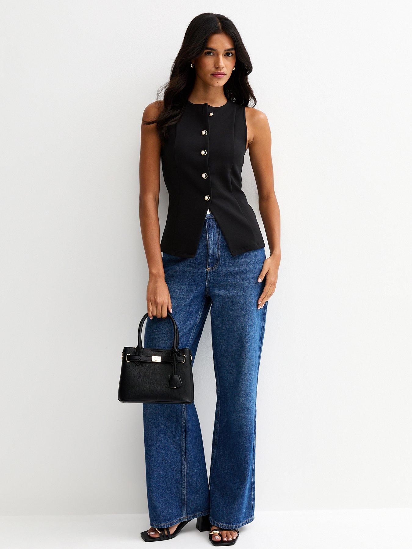  image of new-look-jersey-crew-neck-faux-pearl-button-waistcoat-black
