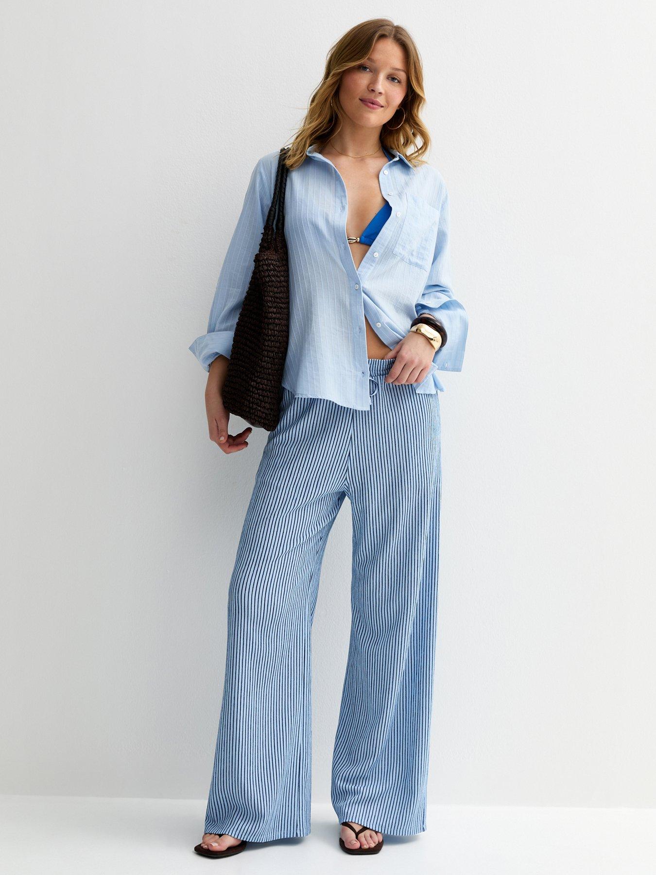 New Look Thin Stripe Crinkle Texture Wide Leg Trousers - Blue