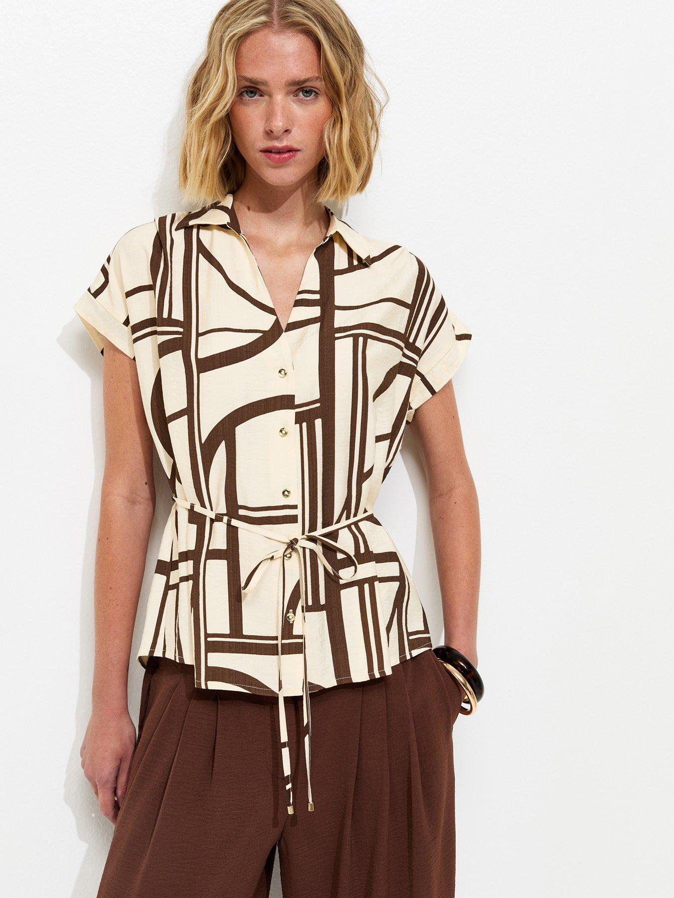 New Look Abstract Print Short Sleeve Shirt - White/Brown