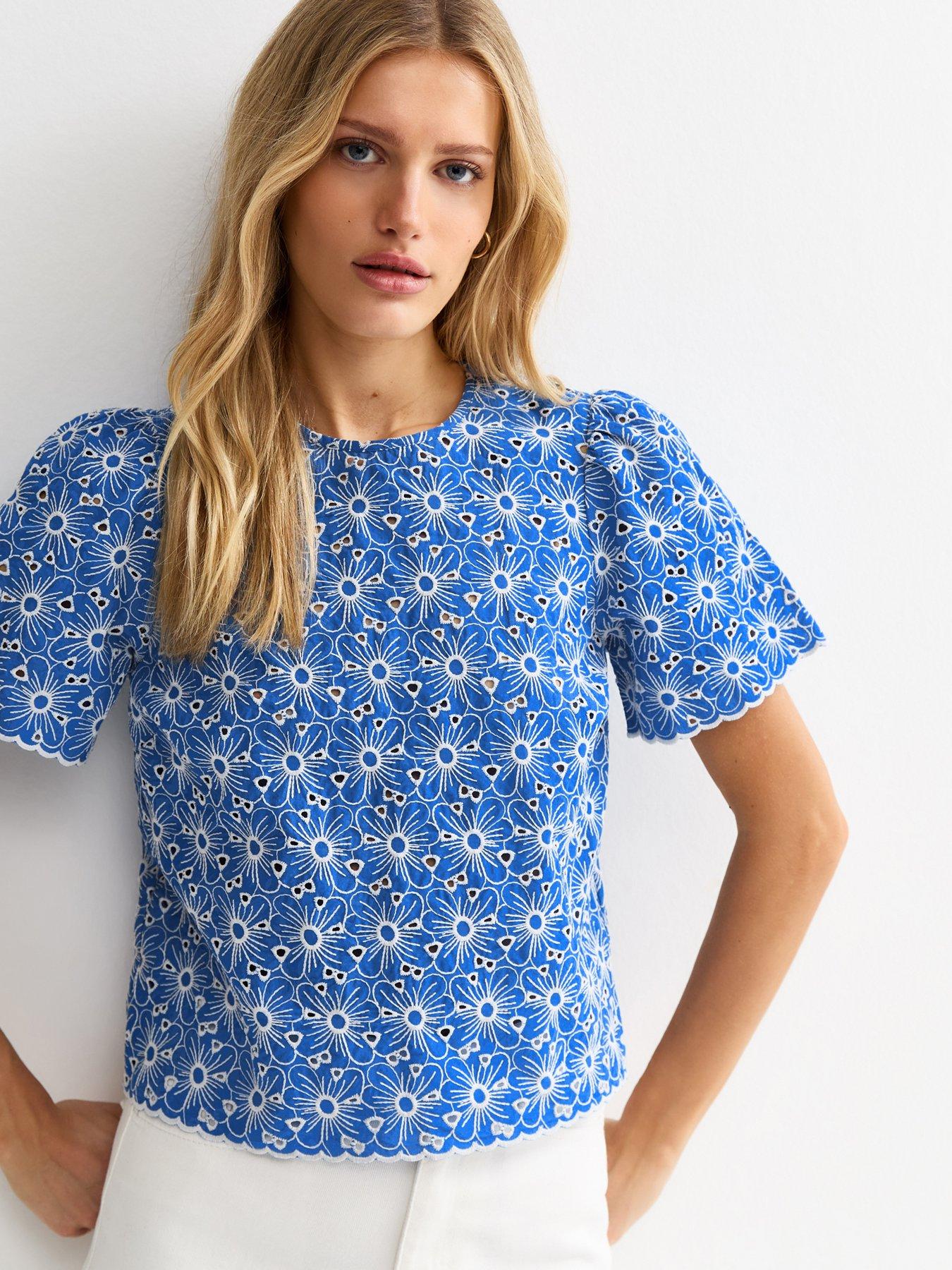 Image 1 of 5 of New Look Cutwork Floral Crew Neck Top - Blue