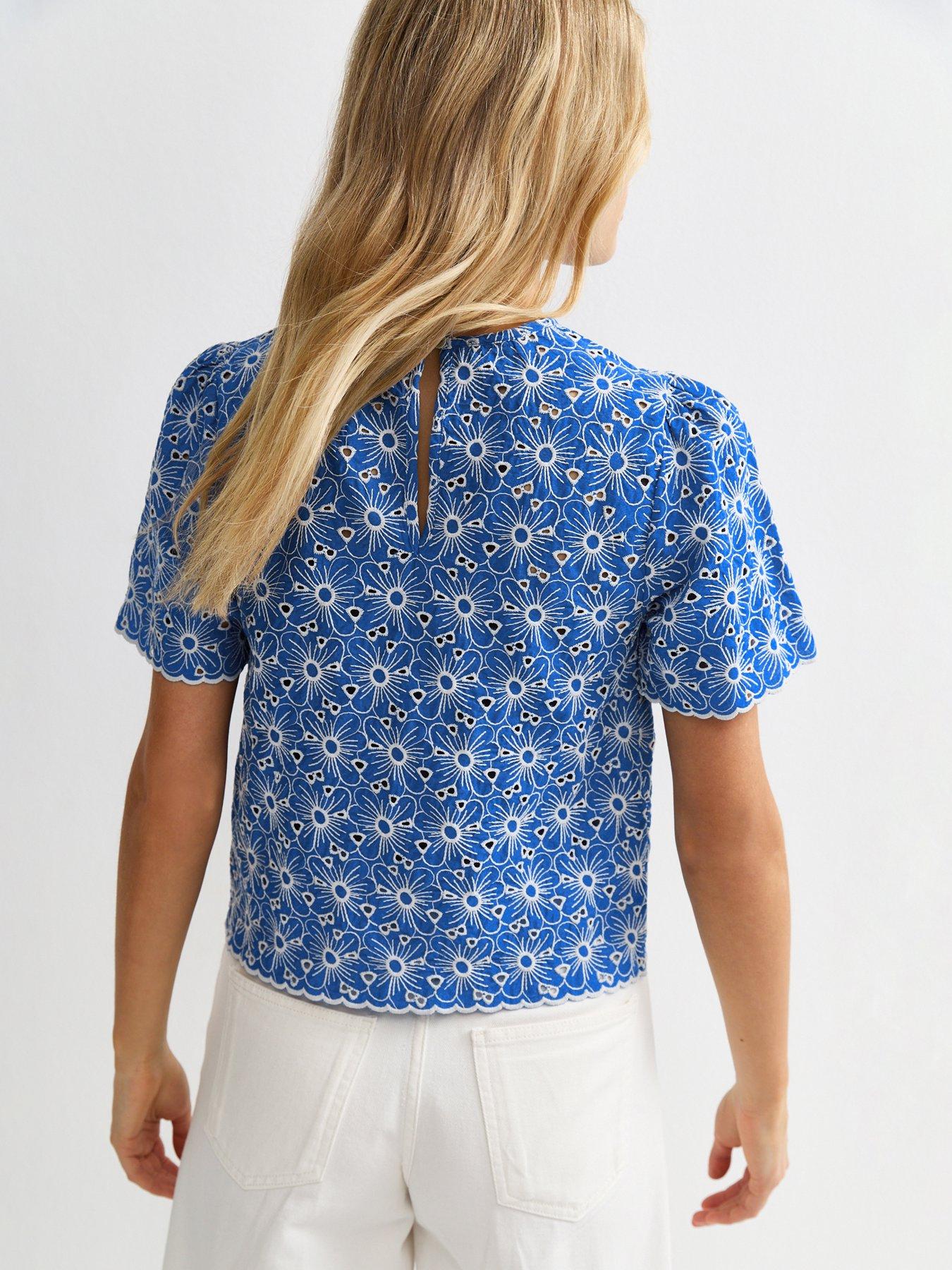Image 2 of 5 of New Look Cutwork Floral Crew Neck Top - Blue