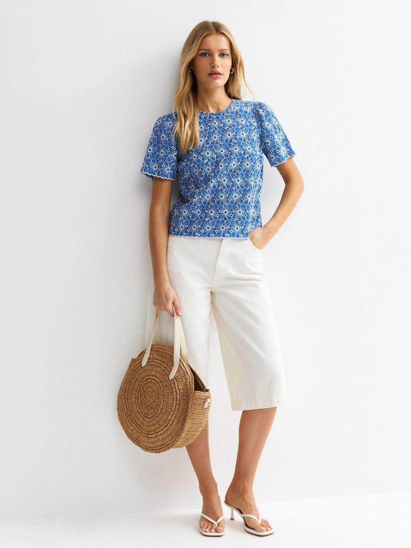 Image 3 of 5 of New Look Cutwork Floral Crew Neck Top - Blue