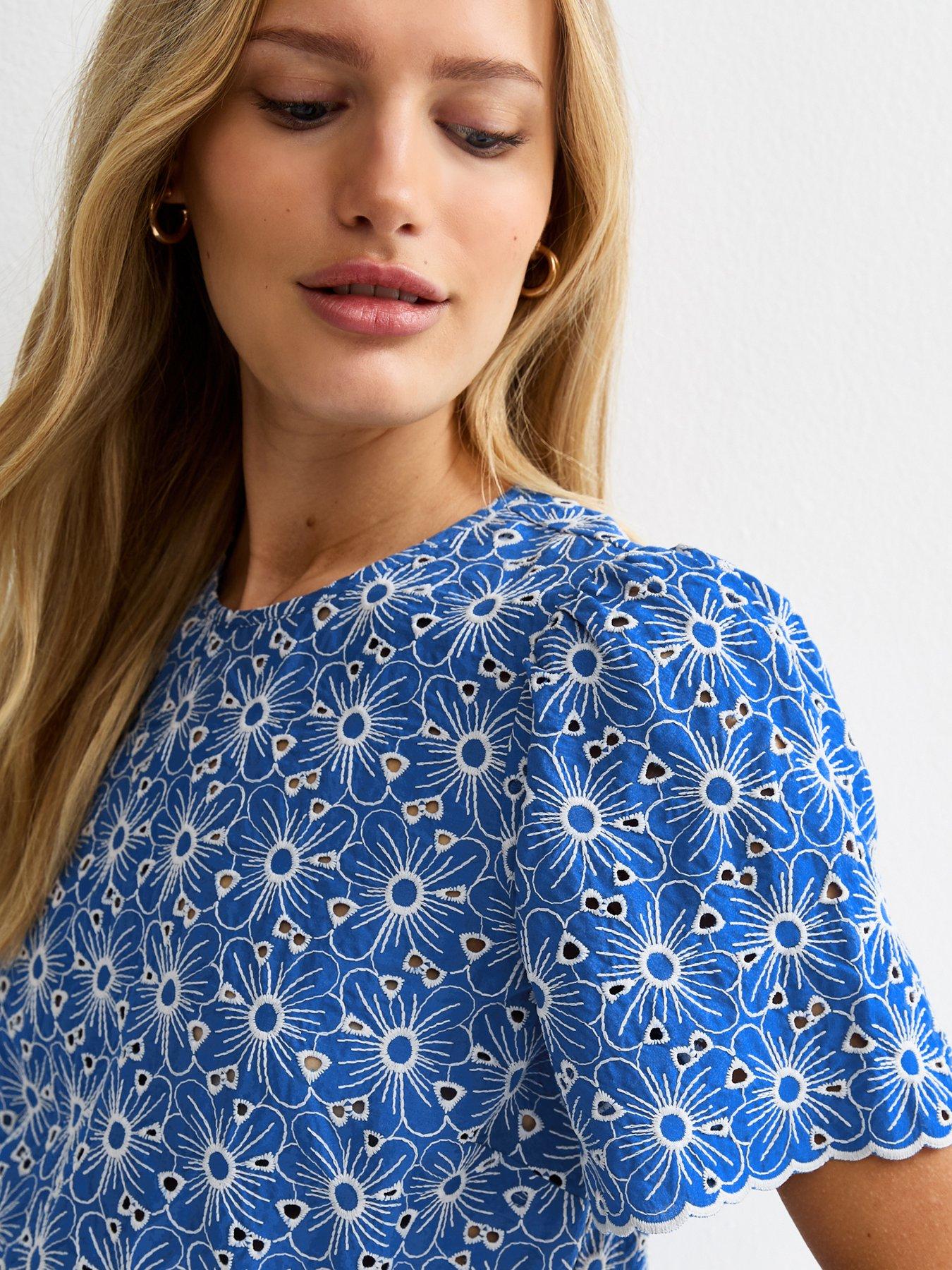 Image 4 of 5 of New Look Cutwork Floral Crew Neck Top - Blue