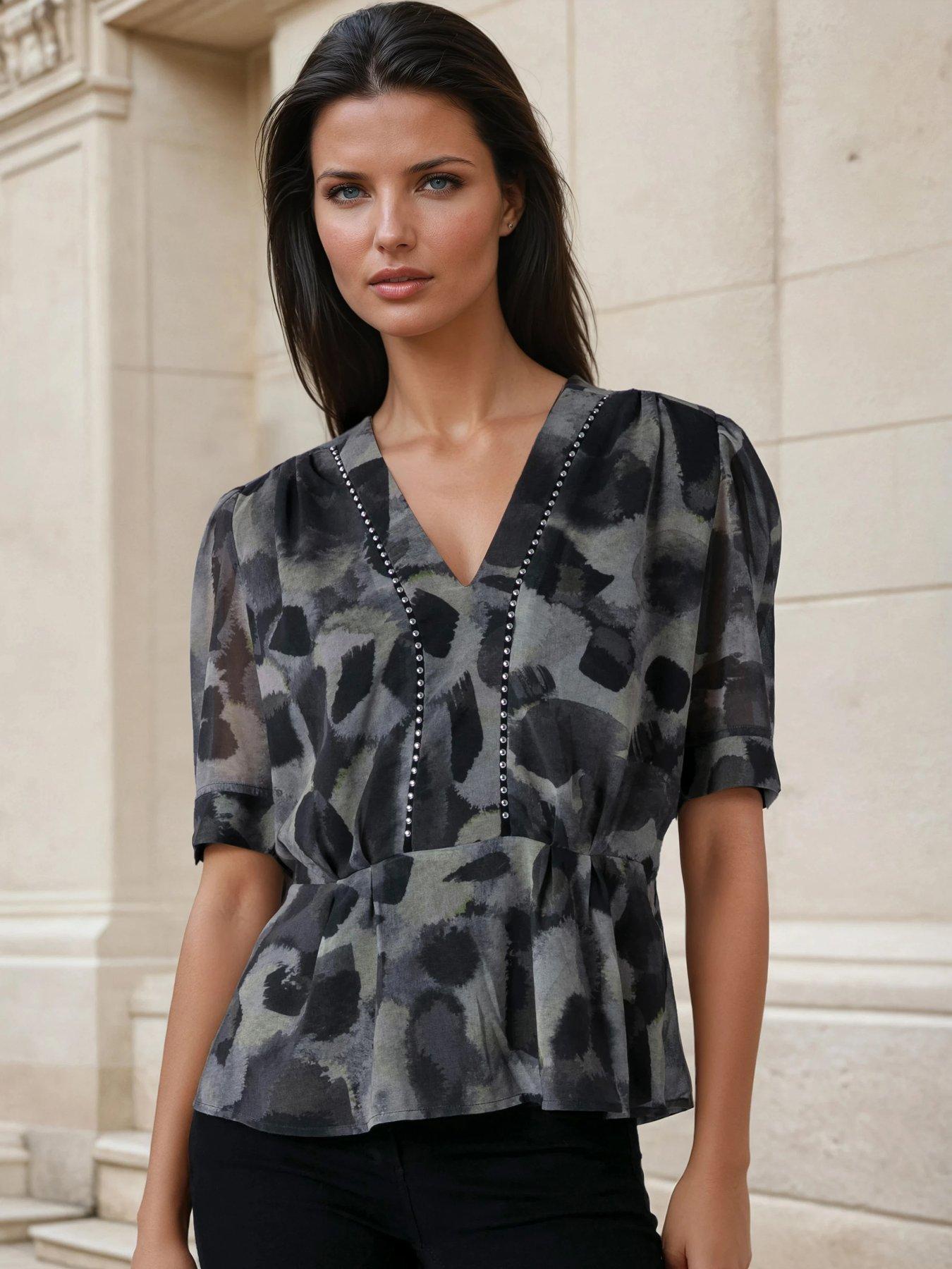 front image of religion-violet-v-neck-top-grey