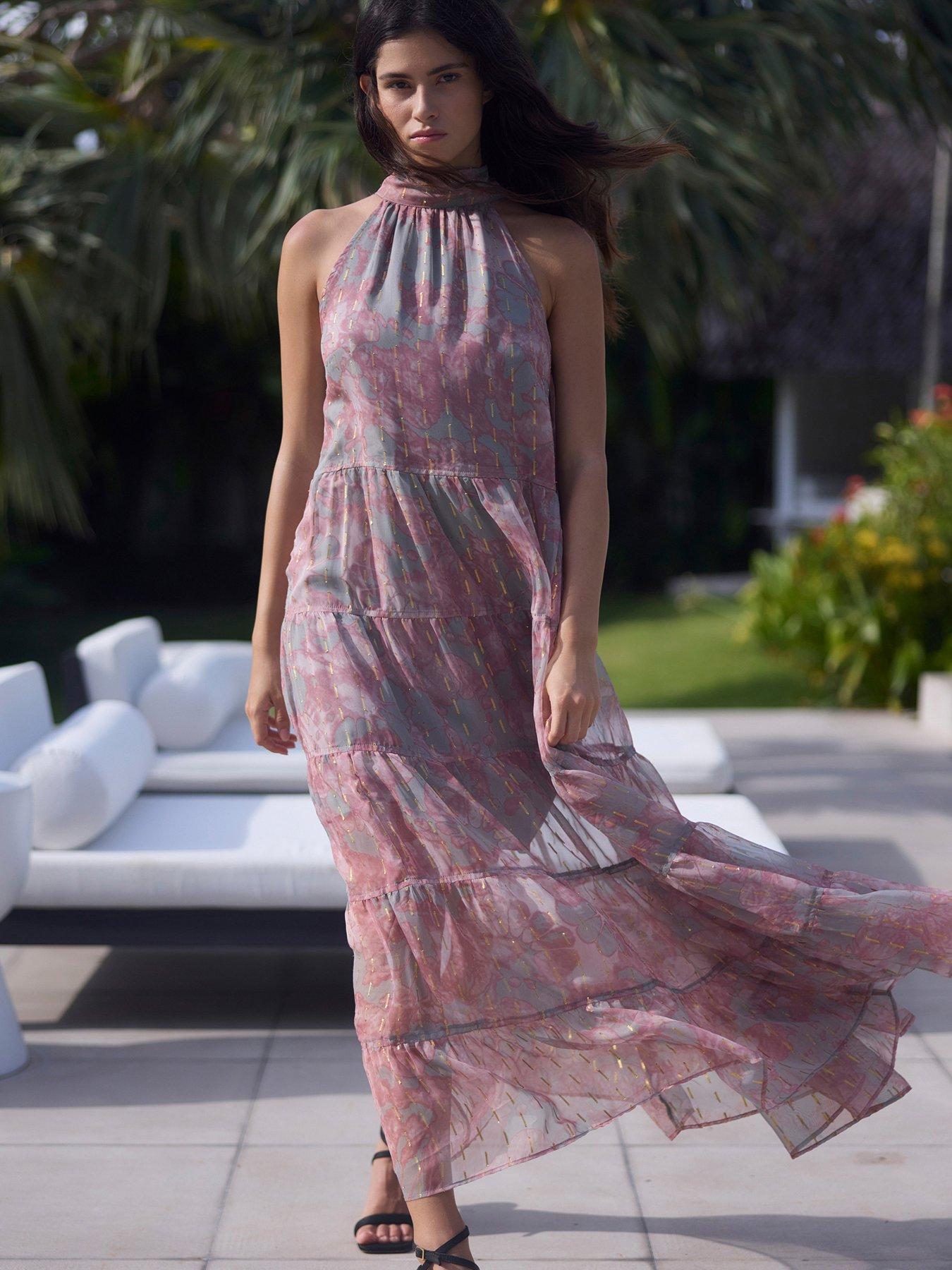 Religion Citrine Tiered Maxi Halter-neck Occasion Dress