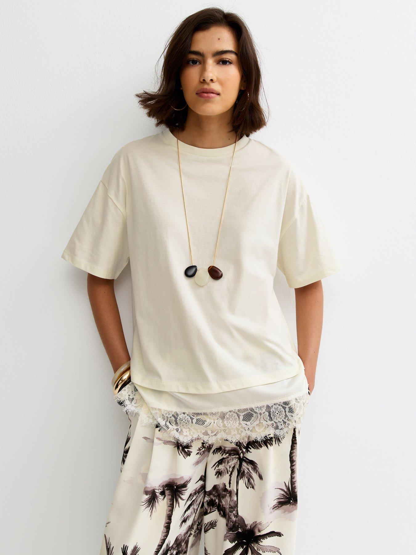New Look Satin Lace Hem Oversized T-Shirt - White