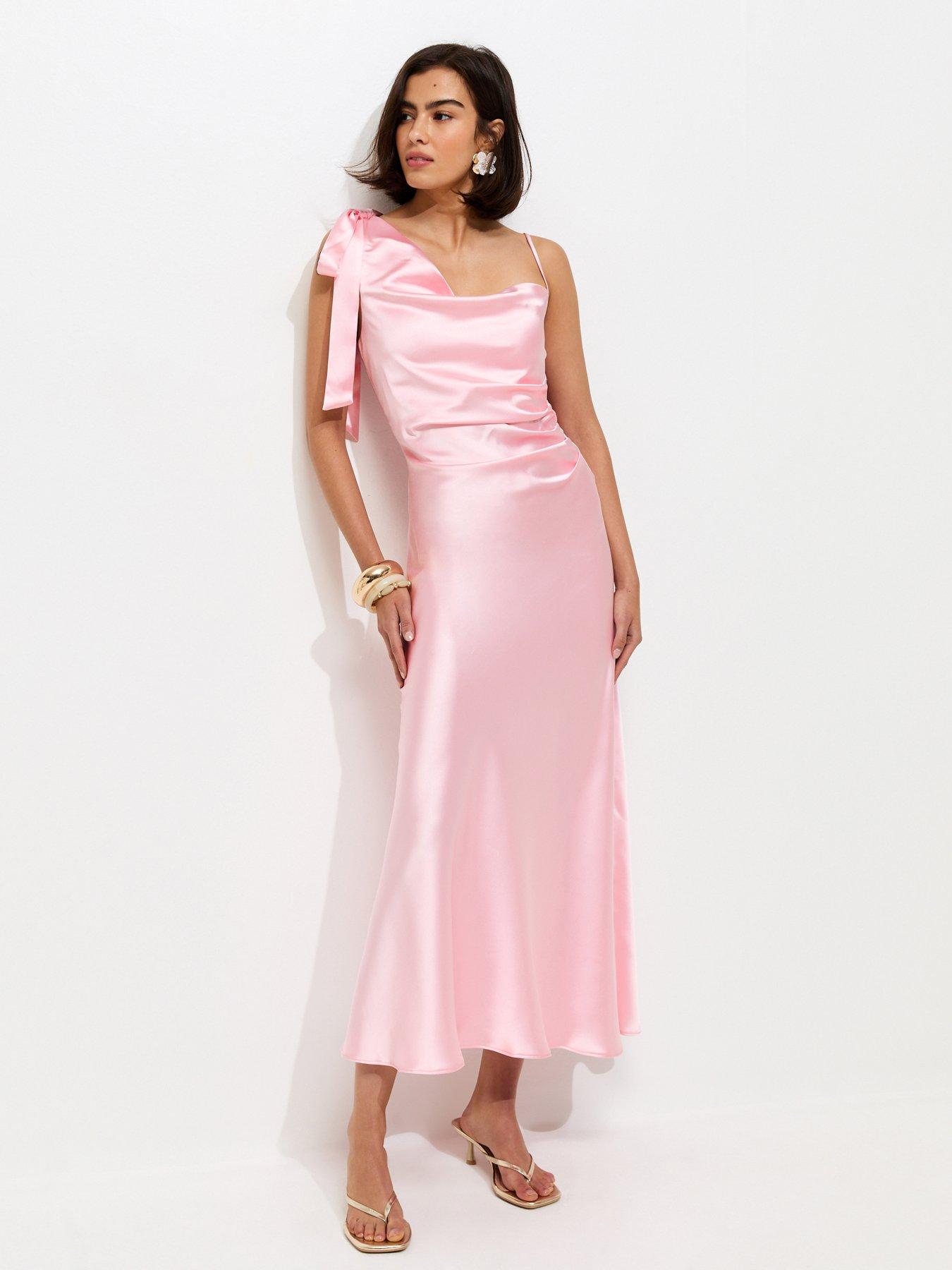 New Look Satin Draped Shoulder Bow Midi Dress - Light Pink