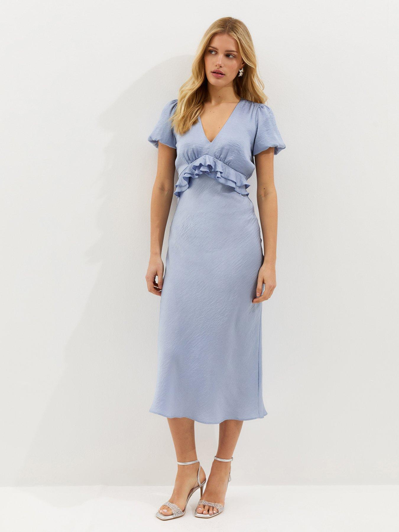 New Look Satin Ruffle Trimmed V-Neck Midi Dress - Blue